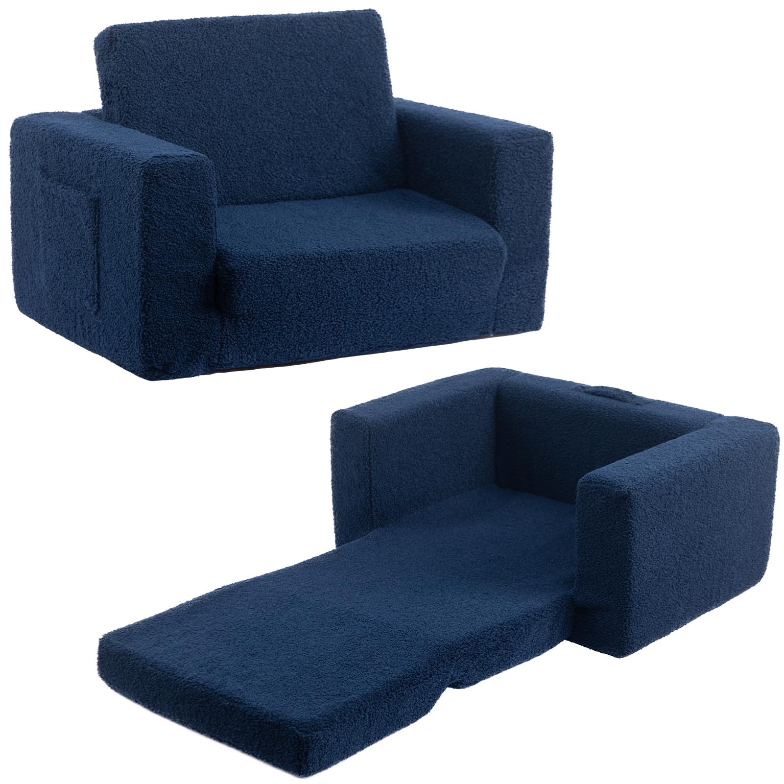 BEJOY Toddler Chair, Teddy Fur 2-in-1 Flip Out Kids Sofa Bed, Navy Blue