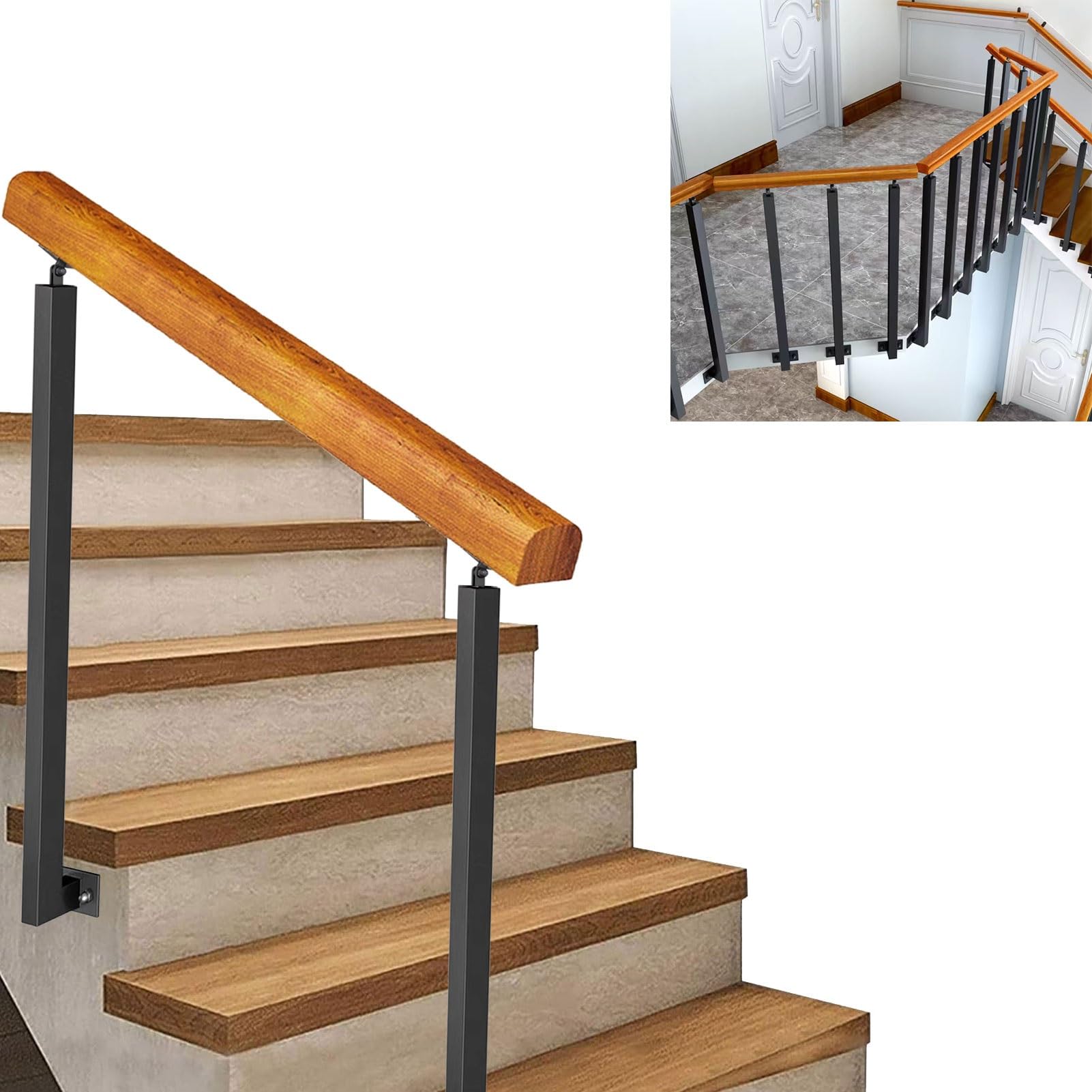 Zewnętrzne schody czarne balustrady 80 cm 1m 1,2 m 1,4 m 1,4 m Kute żelazko poręcze na 2 lub 3 stopnie, drewniana poręcz schodowa zestaw wsparcia bezpieczeństwa (C