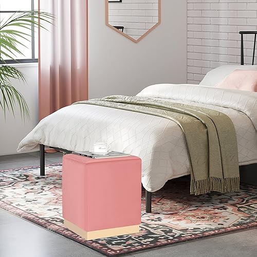 Miniatura 8 de Homebeez Taburete otomano cuadrado rosa de 14.6 pulgadas de ancho con ribete dorado, taburete acolchado suave y compacto, ideal para la sala de