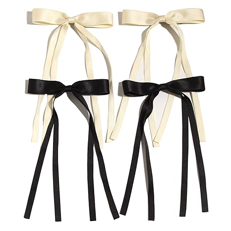 4pcs Hair Clips for Women Tassel Ribbon Bowknot With Long Tail, Solid Accessories Barrettes Claw Bow (Black&Beige)