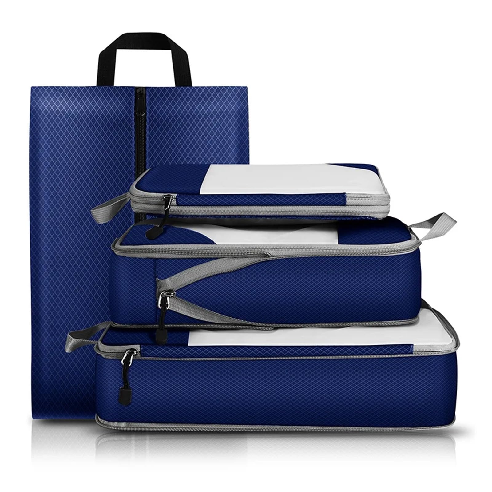 Set di 4 cubi da imballaggio a Compressione Impermeabile traslucidi per Viaggi - Organizzatori di valigie espandibili, Pieghevoli ed Essenziali (Blu Marino)