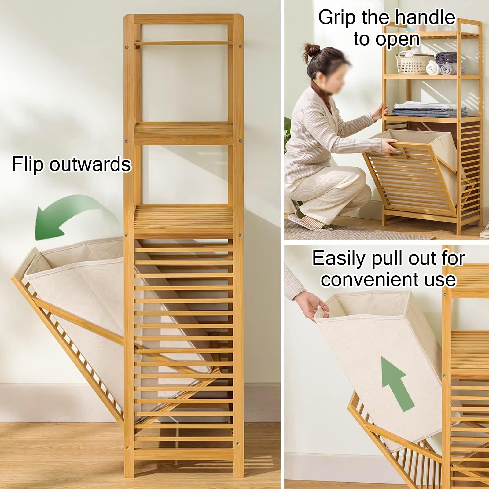Cesto portabiancheria in bambù, organizer inclinabile per vestiti sporchi, design con ripiani aperti per bagno, camera da letto, soggiorno, lavanderia