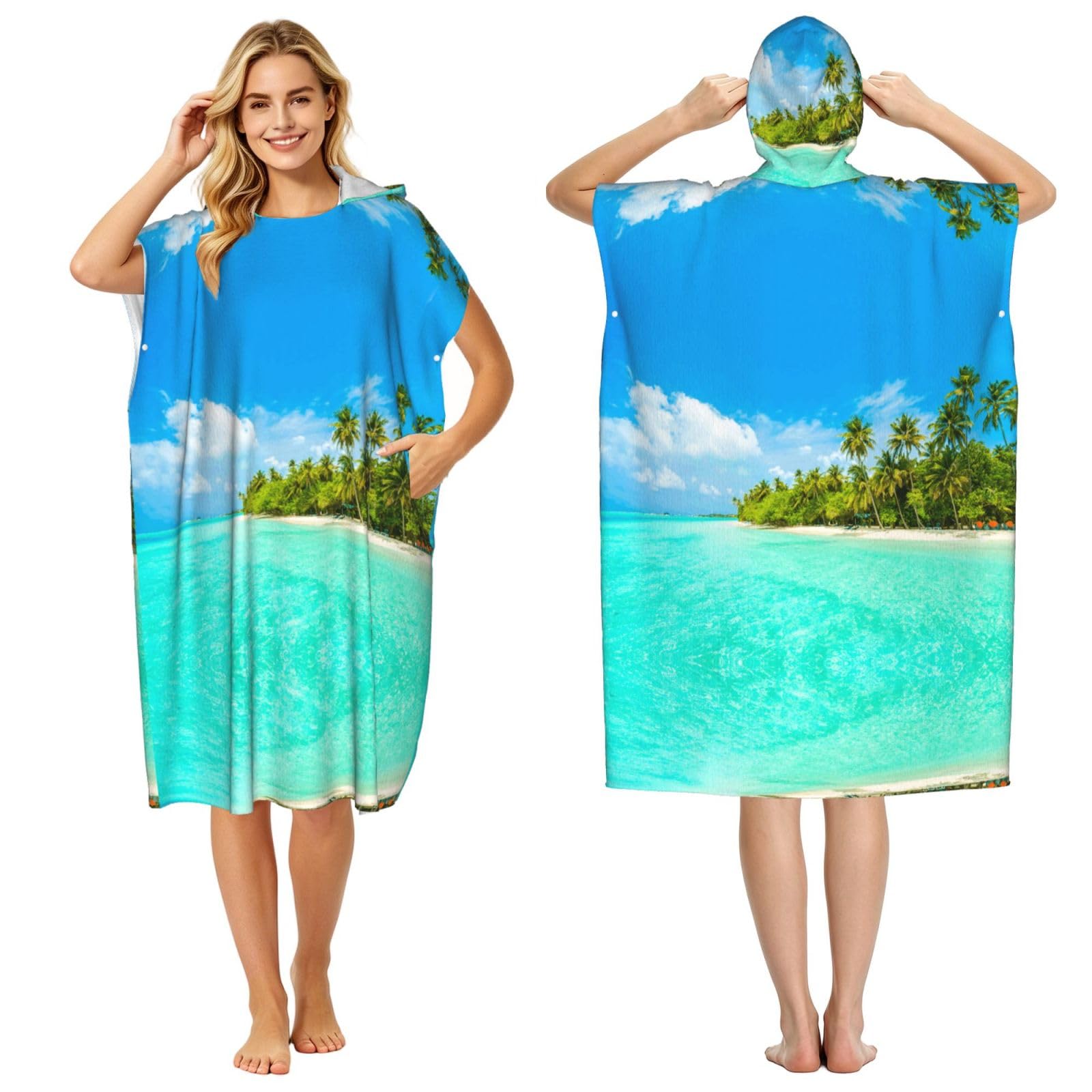 EZDLOWVBA Island With Sandy Beach And Palm Tree Print Hooded Poncho Microfiber Beach Towel,Adult Women & Men Changing Robe,Lightweight Summer Surf Swim Bath Poncho Towel