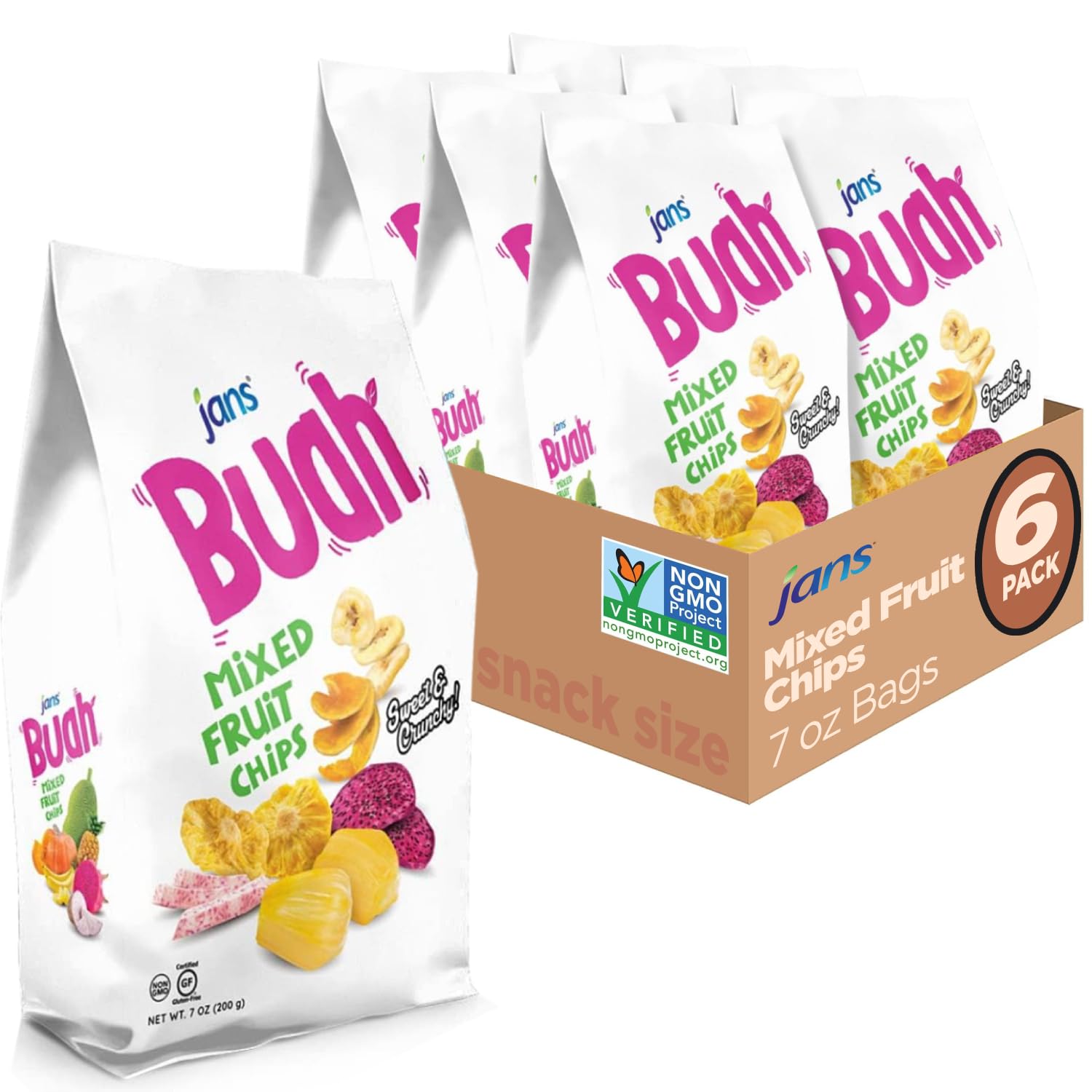 Jan's Buah Dried Fruit Chips - Experience Real Fruit, Gluten-Free, Sweet & Crunchy, Ready-to-Eat, Perfect for Anytime Snacking (Pack of 6, Mixed Fruit)