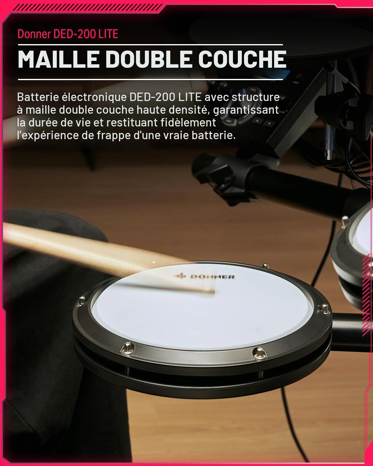 Donner DED-200Lite Batterie electronique pour débutants avec plus de 450 sons et 30 kits, MIDI USB, 4 pads silencieux en mesh, siège, casque, baguettes et 40 leçons mélodiques
