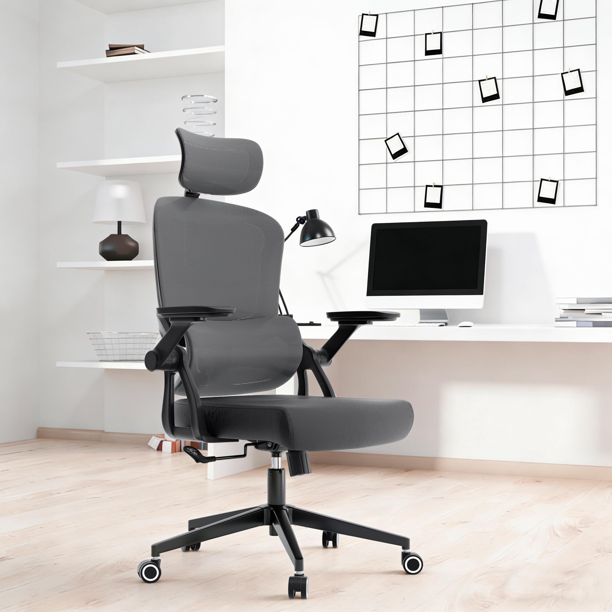 ergonomic office chair - 400lb comfy desk chairs with adjustable headrest and lumbar back support, mesh computer chairs with wheels and arms for home office, study (218gray-with headrest)