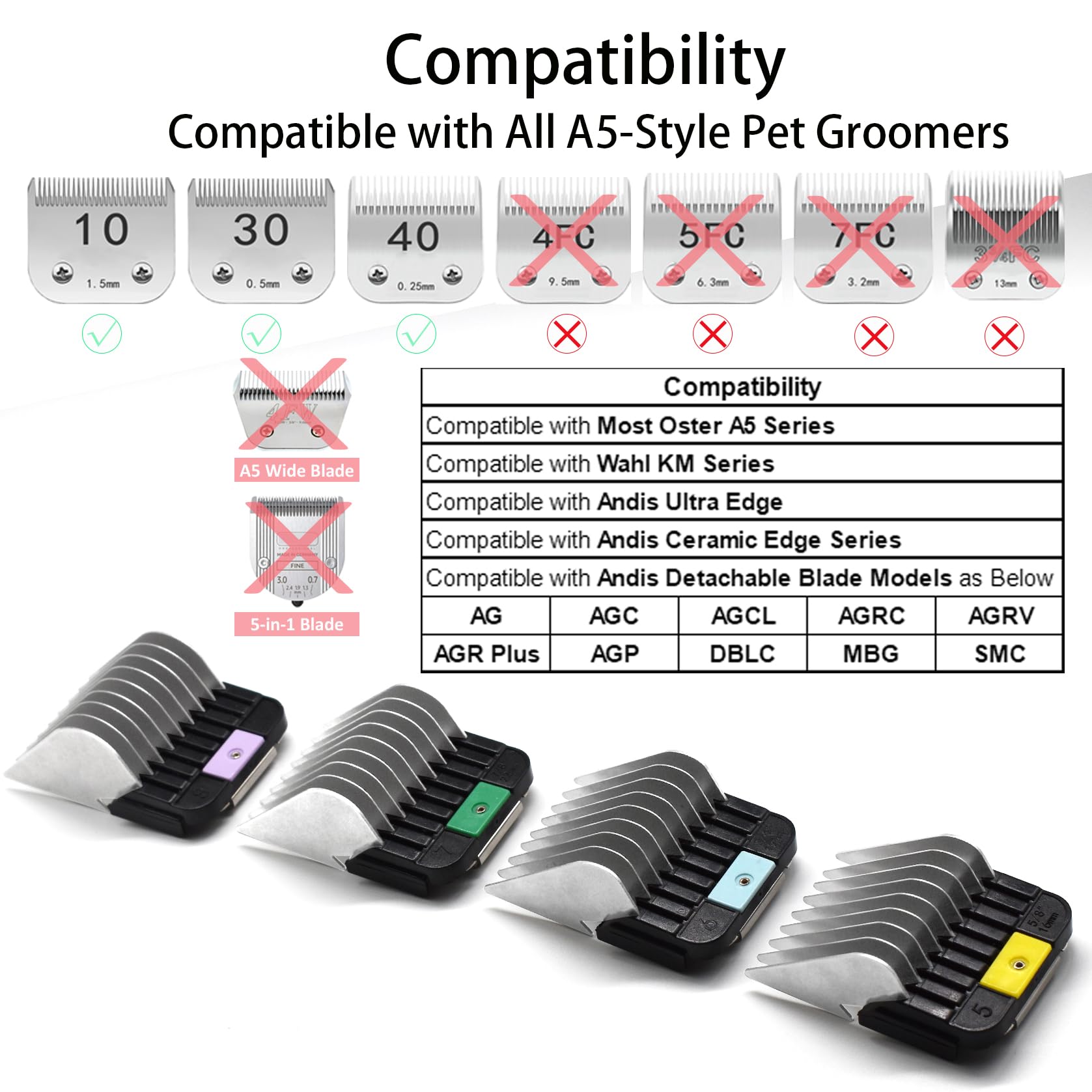 Lot de 4 peignes de protection en acier inoxydable pour toiletteurs d'animaux de style A5, 1,6 cm, 1,9 cm, 2,2 cm, 2,5 cm, compatibles avec les tondeuses Wahl KM Series Andis AG BG Oster A5 A6