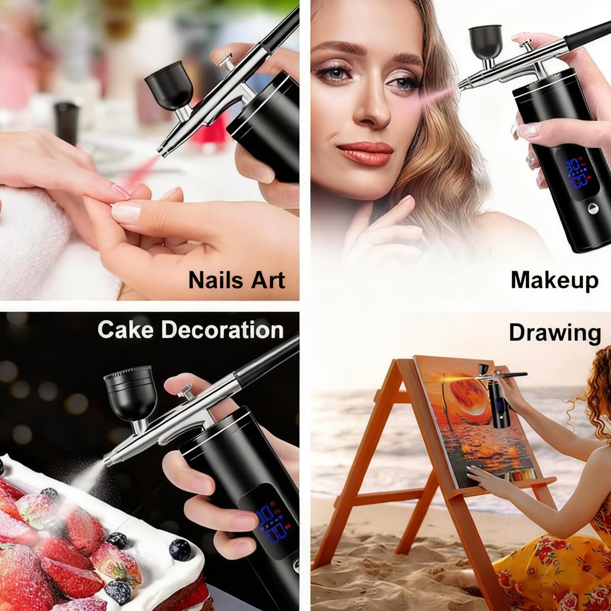 Kit de aerógrafo con compresor, portátil, recargable, inalámbrico, de alta presión, con boquilla de 0.35 mm, pantalla de alimentación y cepillo de limpieza, para pintura, arte de uñas, maquillaje