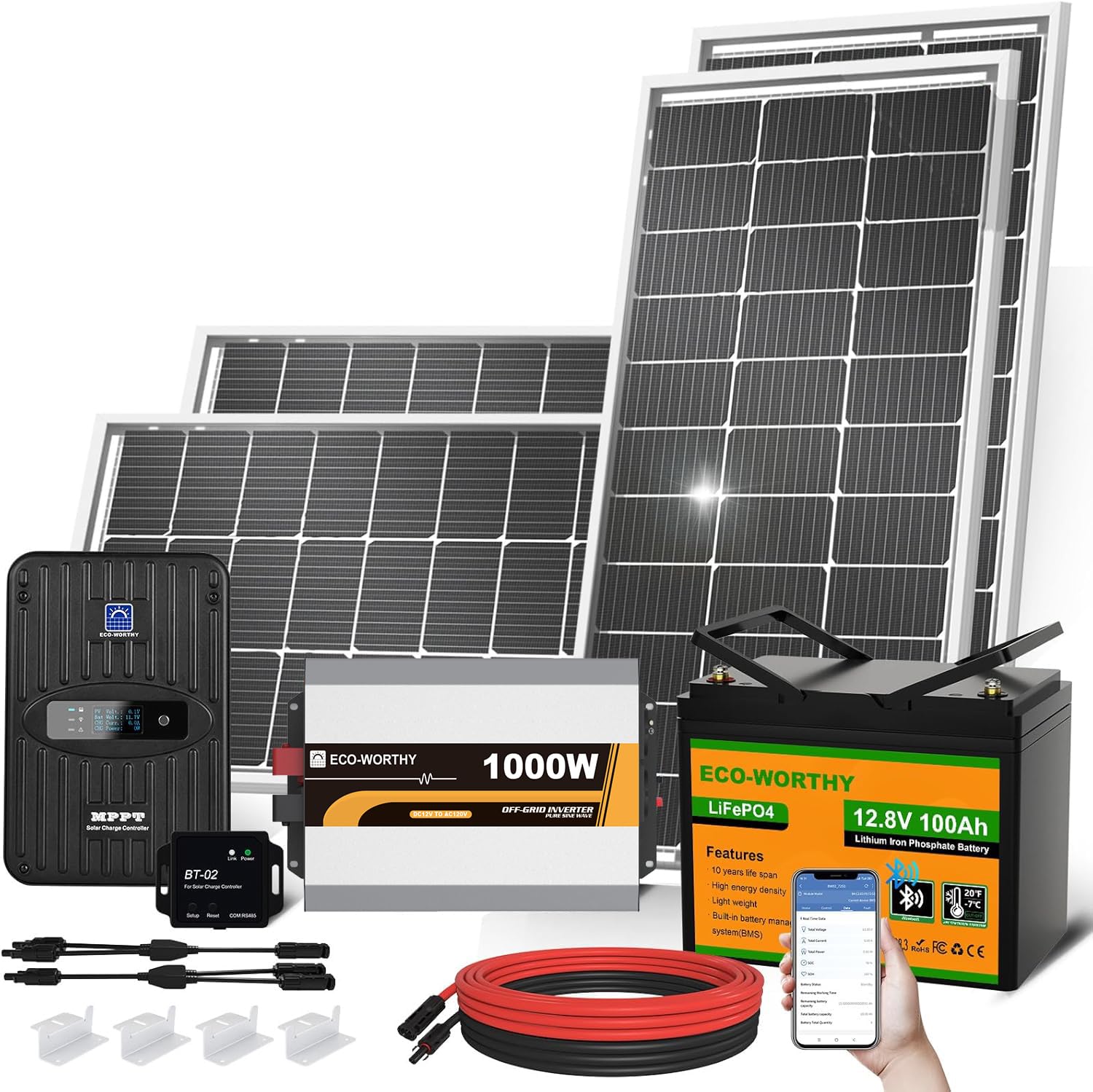 ECO-WORTHY 1.6KWH Complete Solar Panel Kit 400W 12V for RV Off Grid: 400W Solar Panels + 40A MPPT Charge Controller +12V 100Ah Lithium Battery + Solar Power Inverter + Bluetooth Module