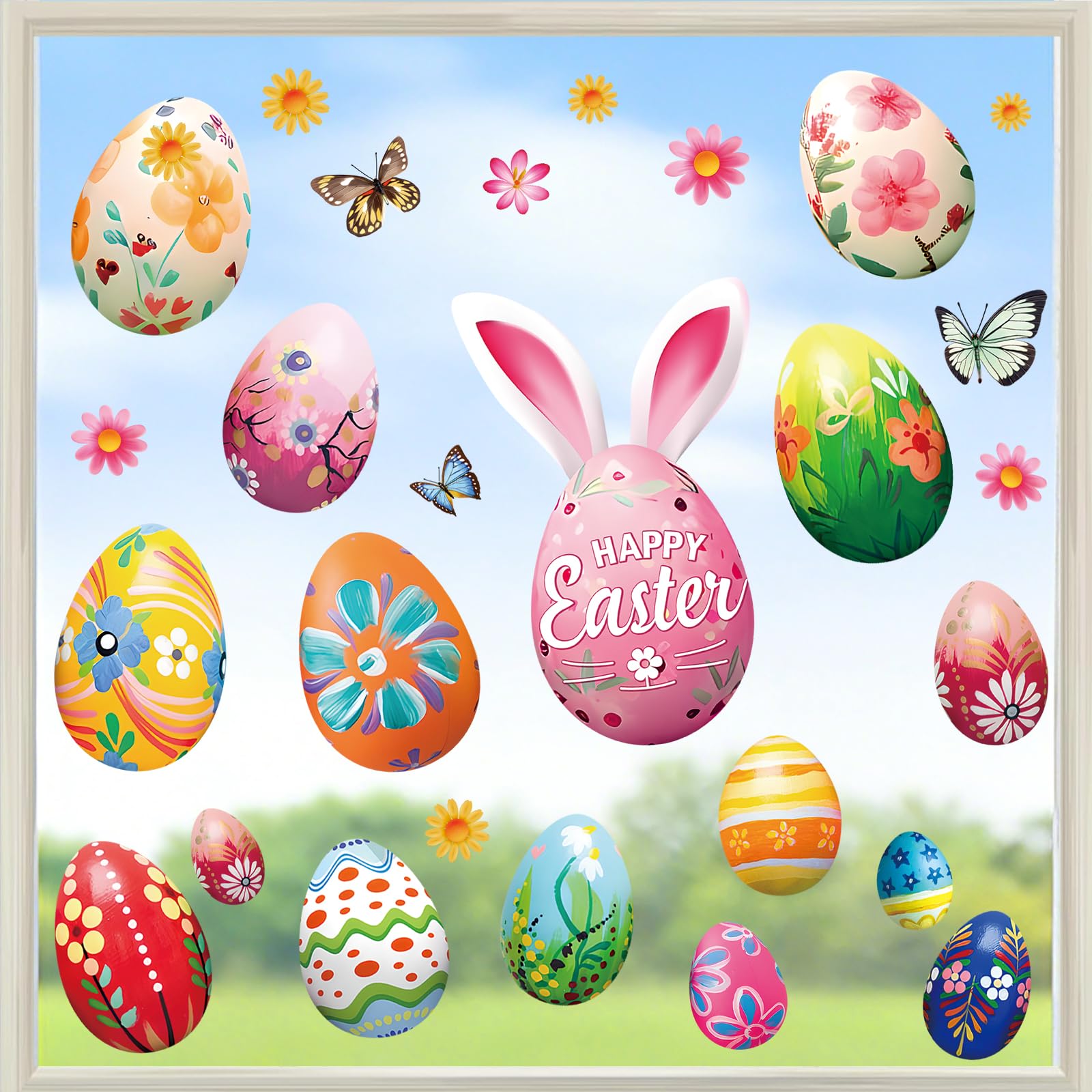 Jesiramoo Easter Window Clings Decorations: Large Vintage Easter Egg Window Clings, Farmhouse Spring Easter Bunny Eggs Decals for Glass Windows, Kids