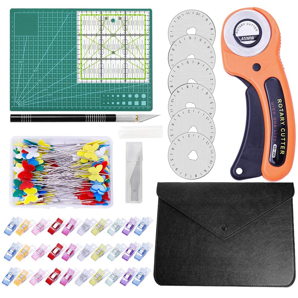110 PCS Rotary Cutter Kit, 45mm Rotary Cutter Tool Kit with 5 Extra Blades, Cutting Mat, Patchwork Ruler, Carving Knife, Storage Bag, Sewing Clips, Full Tools for Sewing and Quilting (A)