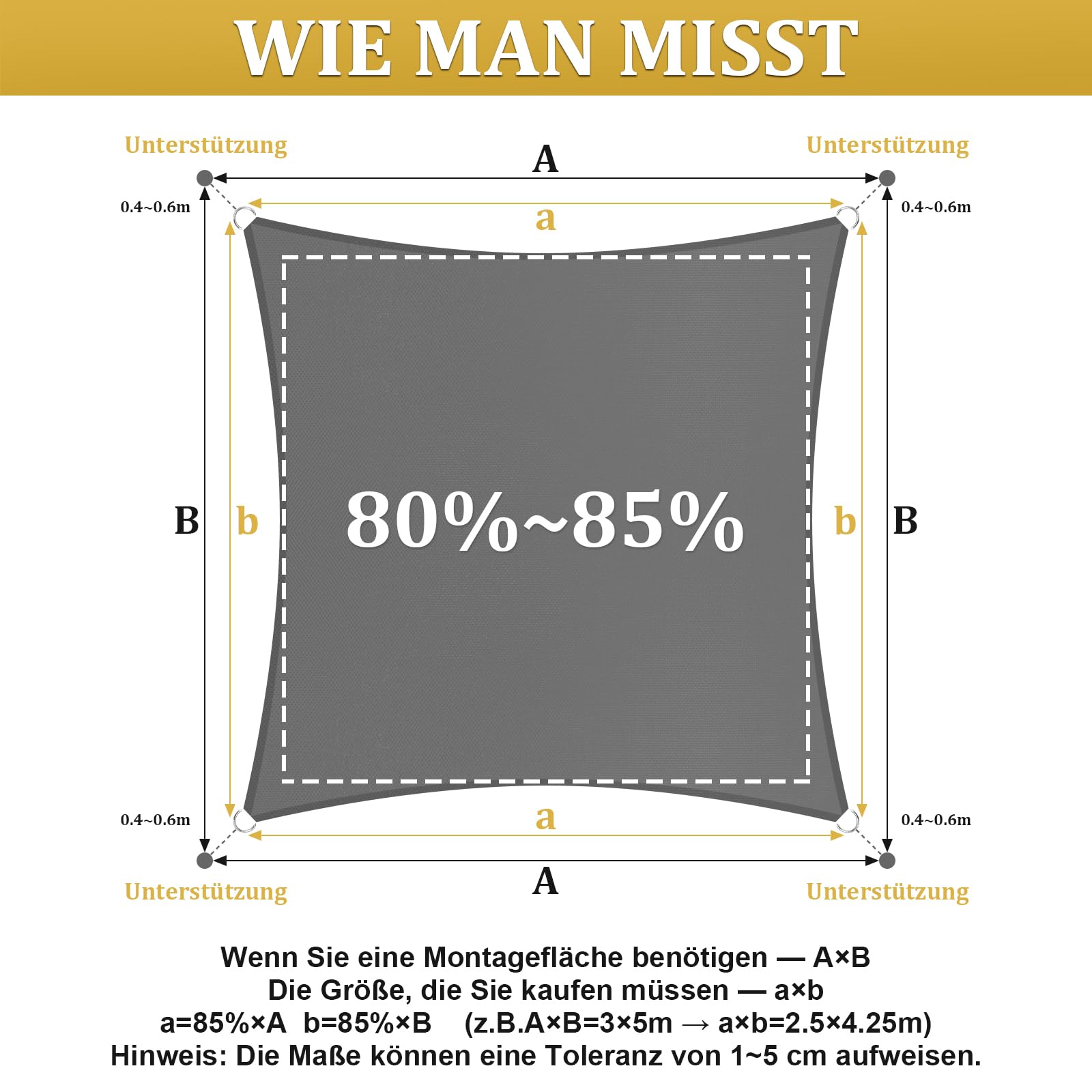 Shade&Beyond Sonnensegel Wasserdicht 5.5x5.5m Rechteckig Maßgefertigtes PES Segeltuch Sonnenschutz mit Seilen fur Balkon, Garten,Terrassenüberdachung, Grau Anthrazit