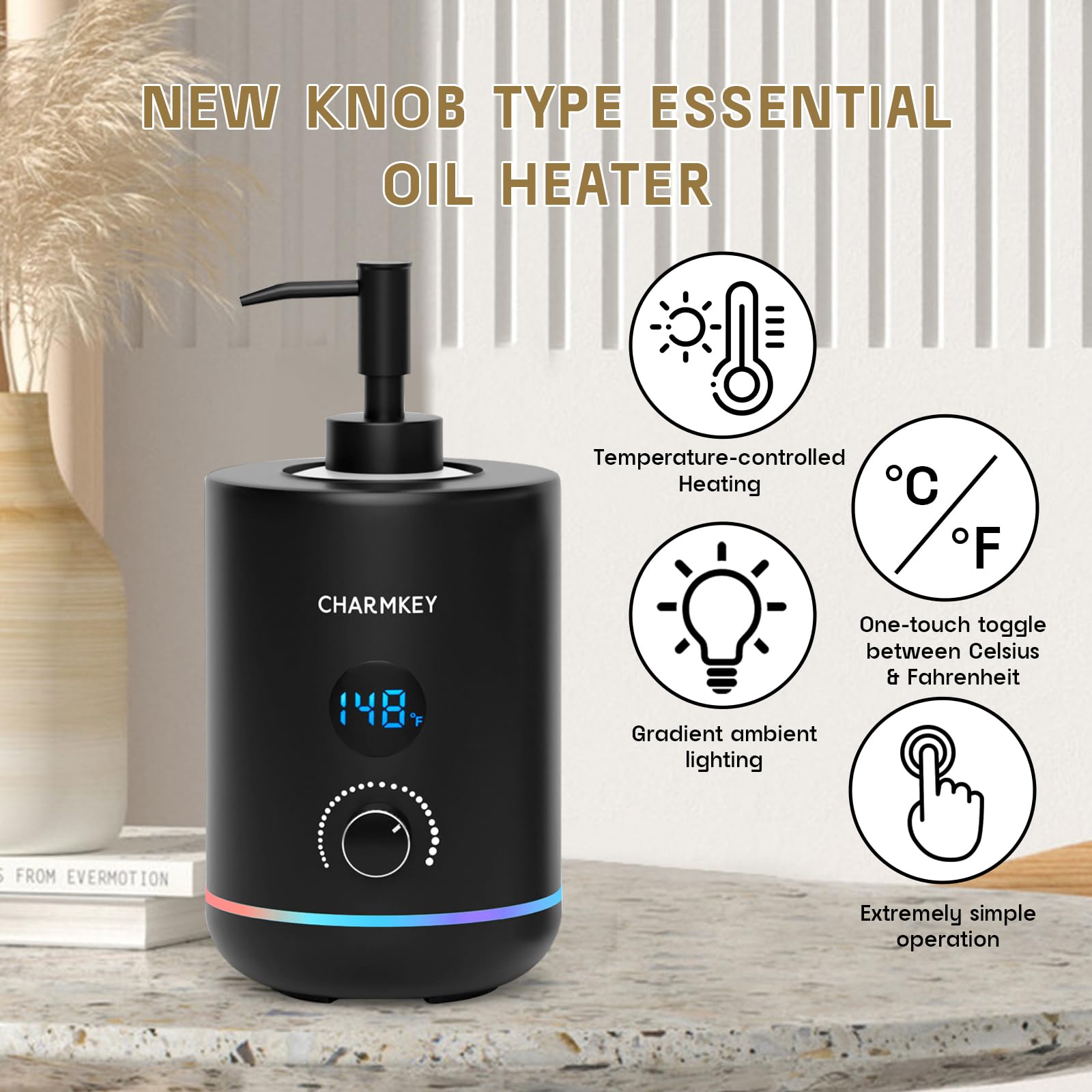 CHARMKEY Calentador de aceite de masaje para spa, dispensador de 2 botellas, temperatura ajustable (negro)