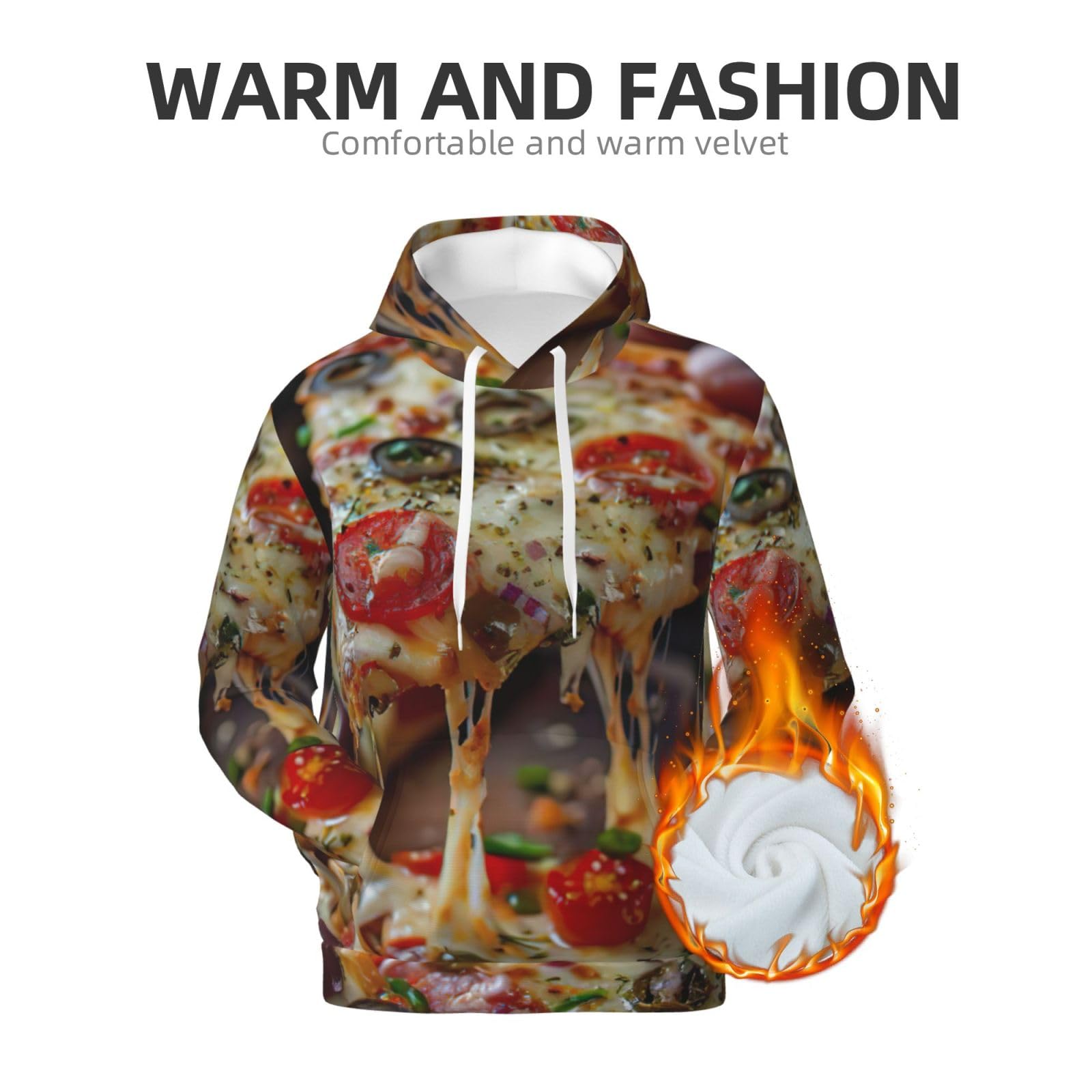 Męska bluza z kapturem z nadrukiem smacznej pizzy, casualowa grafika z nadrukiem bluzy z kapturem z kieszenią