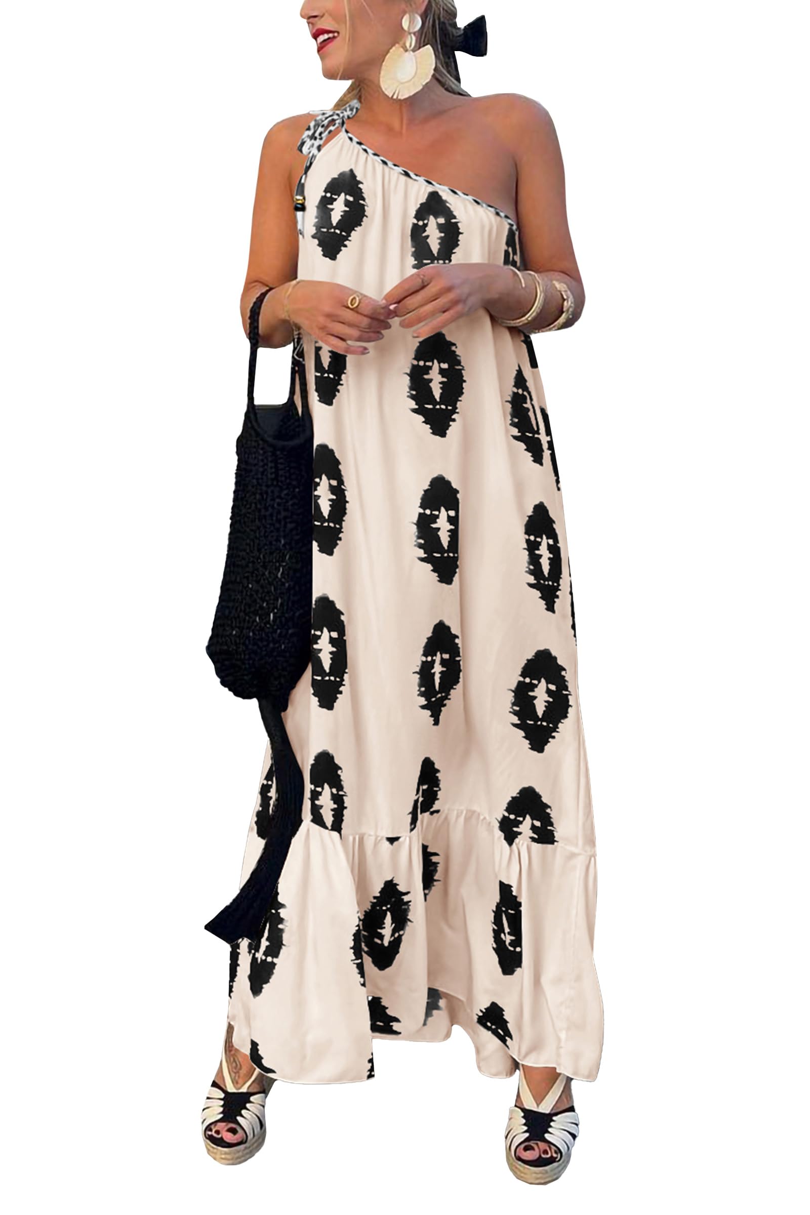 PRETTYGARDENWomen's Summer One Shoulder Maxi Dresses Printed Flowy Boho Beach Vacation Long Sundress