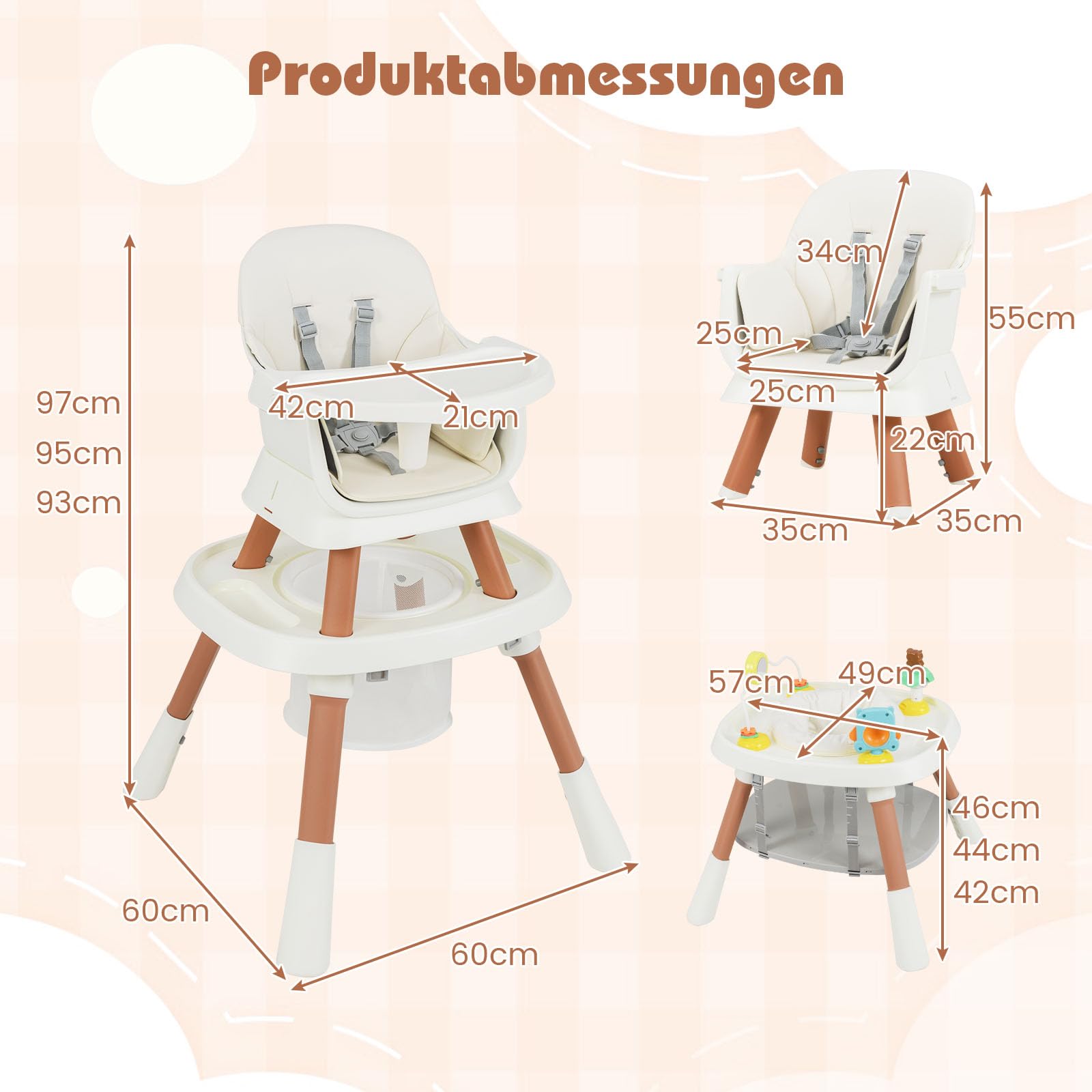 COSTWAY Hochstuhl Baby 16 in 1, Kinderhochstuhl & Spielzeugtisch & Bausteinbrett & Kinderstuhl & Sitzerhöhung mit abnehmbarem Tablett, 5-Punkt-Gurt & Korb, Babystuhl für Kinder ab 6 Monate (Weiß)