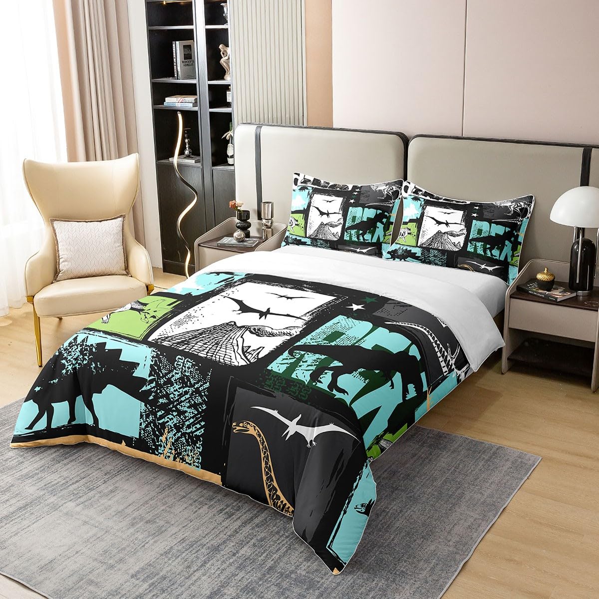 Juego de ropa de cama de algodón de dinosaurio verde, juego de ropa de cama de algodón de dinosaurio de dibujos animados para niños y niñas, juego de ropa de cama de algodón Kawaii Jungle Dino Juego