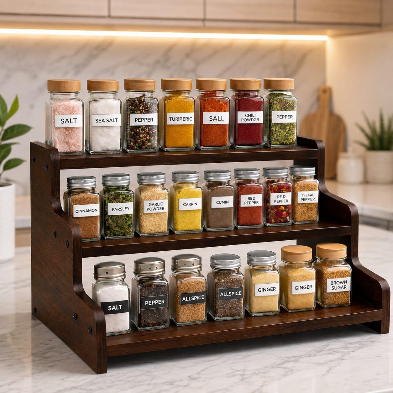 SAFAK 3 Tier Wooden Kitchen Organizer Rack for Countertop | Wooden Spice Rack Stand for Kitchen Counter | Kitchen Shelf Organizer & Cabinet Shelf Riser | Decorative Masala Rack Storage Stand | Dark-image-25