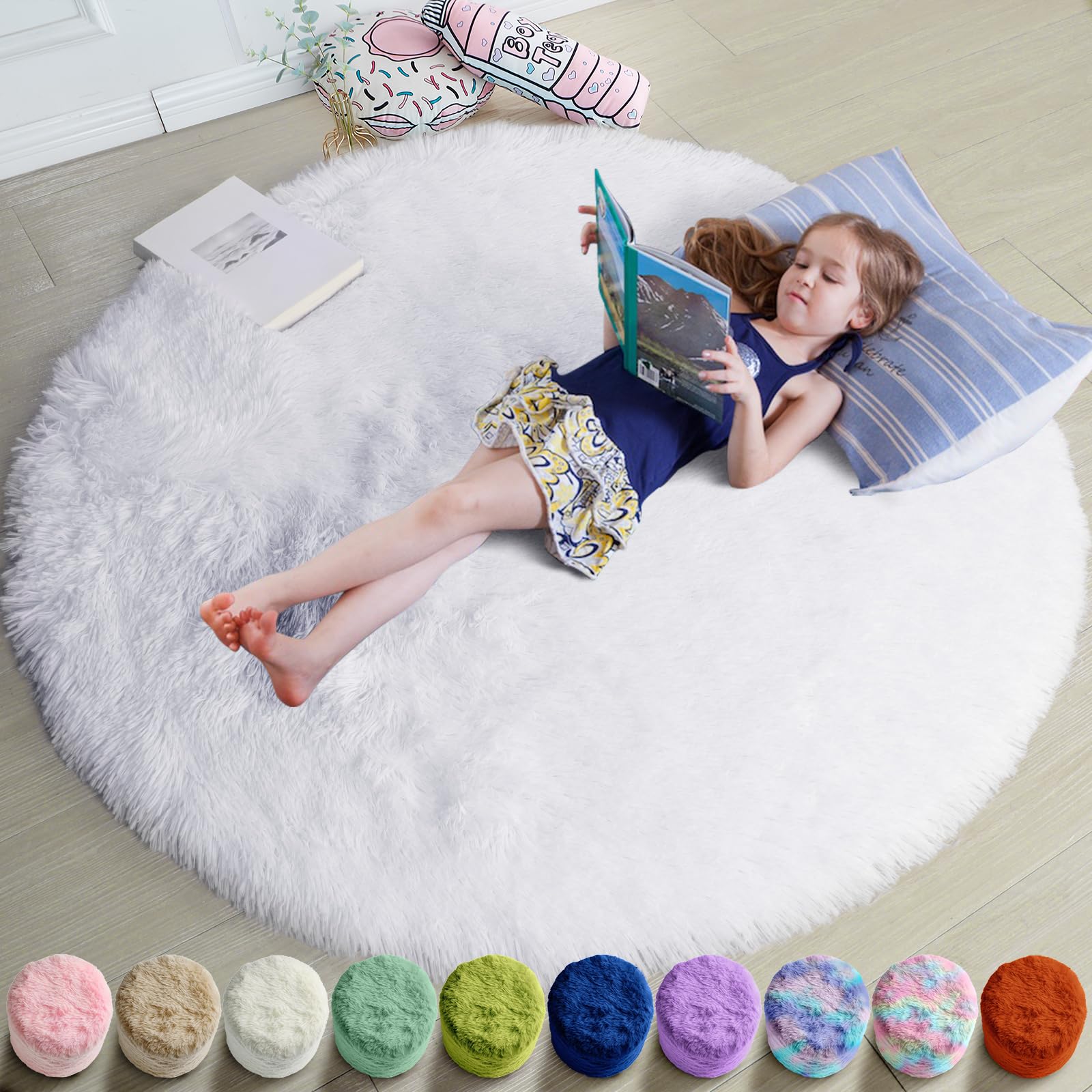White Round Fluffy Carpet - 5'X5' for Bedroom, Kids, Teen's & Nursery Room - Plush Shaggy Rug for Dorm & Baby's Room Decor