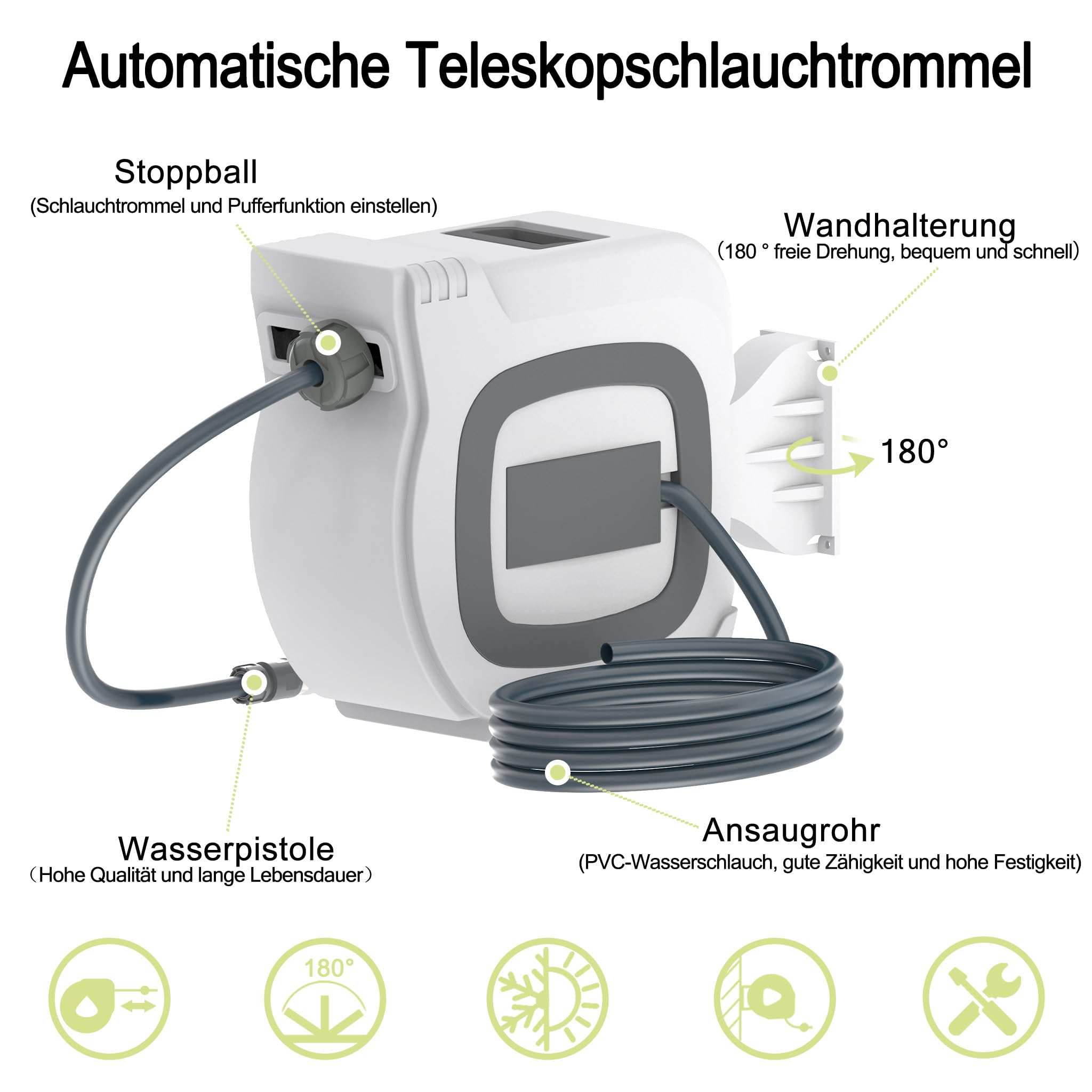Aufun Wandmontage Schlauchtrommel 30M Gartenschlauch, Weiß | Schlauchaufroller mit Handbrause und Anschlüssen, Automatik-Aufrollung, 180° Schwenkhalterung, 10 Sprühmodi