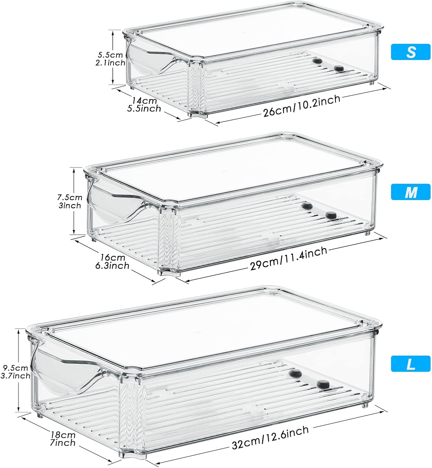 Fridge Organisers Bins Set of 3, Stackable Clear Fridge Storage Containers with Lids, Plastic Refrigerator Storage Box for Kitchen Pantry Freezer Cupboards