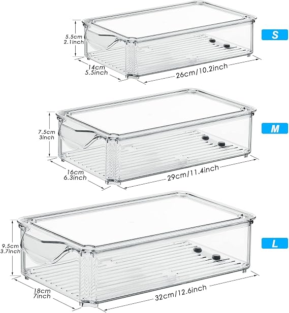 Fridge Organisers Bins Set of 3, Stackable Clear Fridge Storage Containers with Lids, Plastic Refrigerator Storage Box for Kitchen Pantry Freezer Cupboards