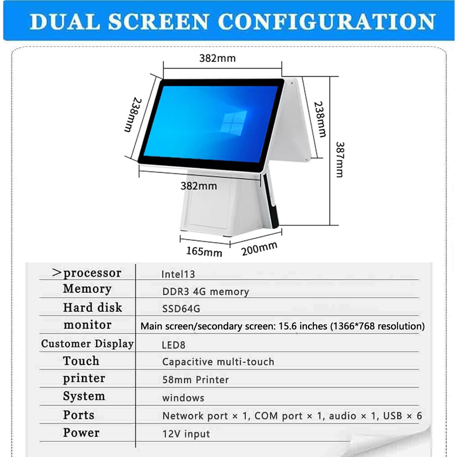 Qiang Caisse Enregistreuse Intelligente,Caisse Enregistreuse Pos avec 15.6" Double écran Tactile,Imprimante 58mm Intégrée,CPU I5,4 Go de RAM,SSD 64 Go,for Retail and Restaurant