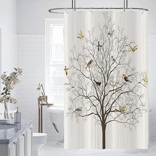 Miniatura 3 de Yeele Cortina de ducha con diseño de pájaros lindos cortina de ducha beige con pájaros cortina de ducha impermeable para decoración de baño con