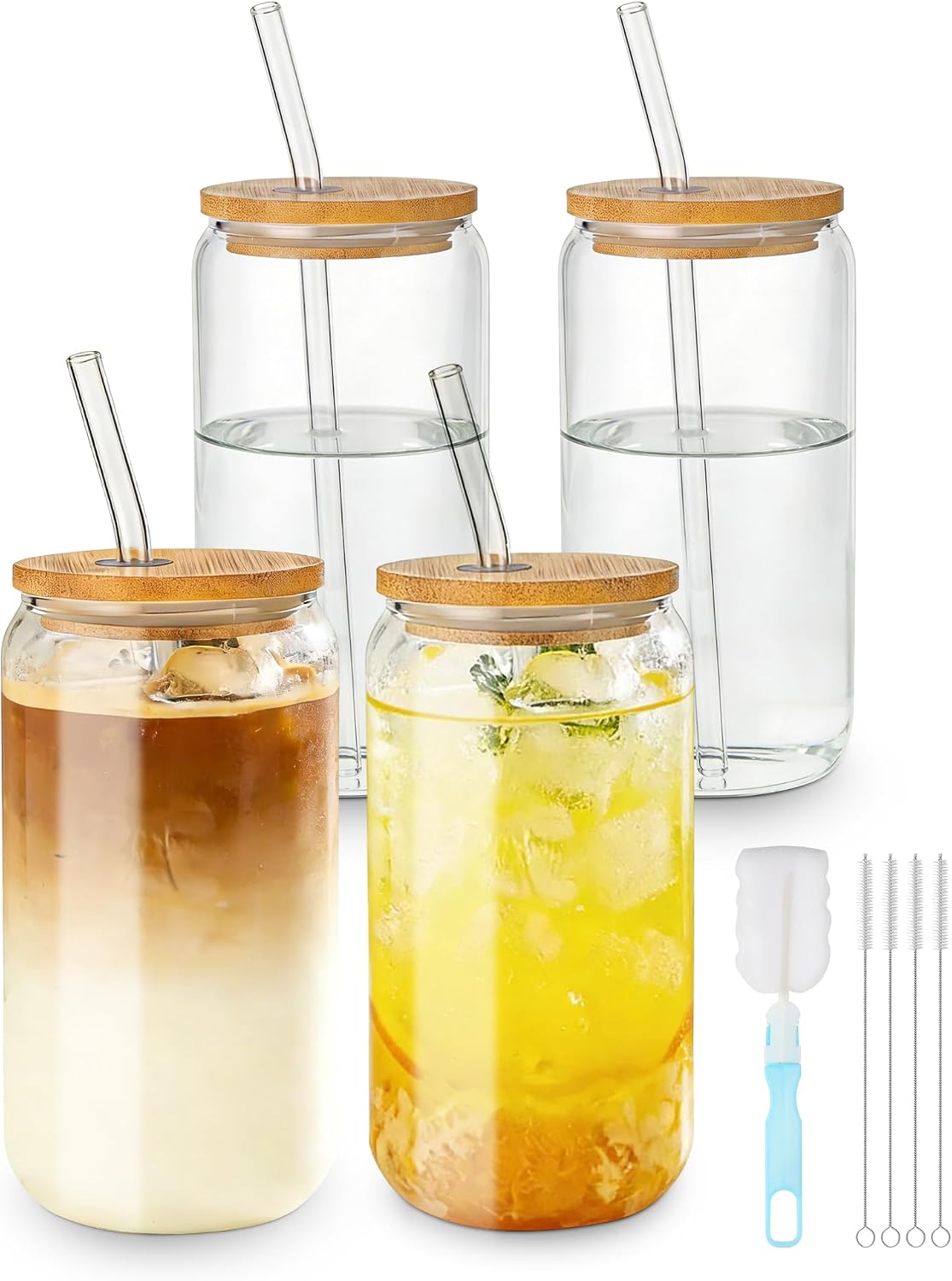 Zestaw 4 szklanek o pojemności 500 ml, z pokrywką i słomką, szklanki do wody i matchy, szklanki do napojów z pokrywką, szklanki do long drinków, szklanki do mrożonej kawy, szklanki do kawy
