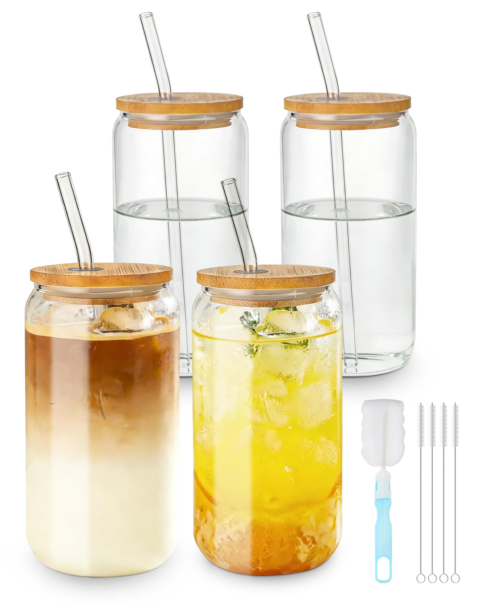 Zestaw 4 szklanek o pojemności 500 ml z pokrywką i słomką, szklanki do wody i matchy, szklanki do napojów z pokrywką, szklanki do mrożonej kawy - szklanki do kawy – Iced Coffee – Matcha i