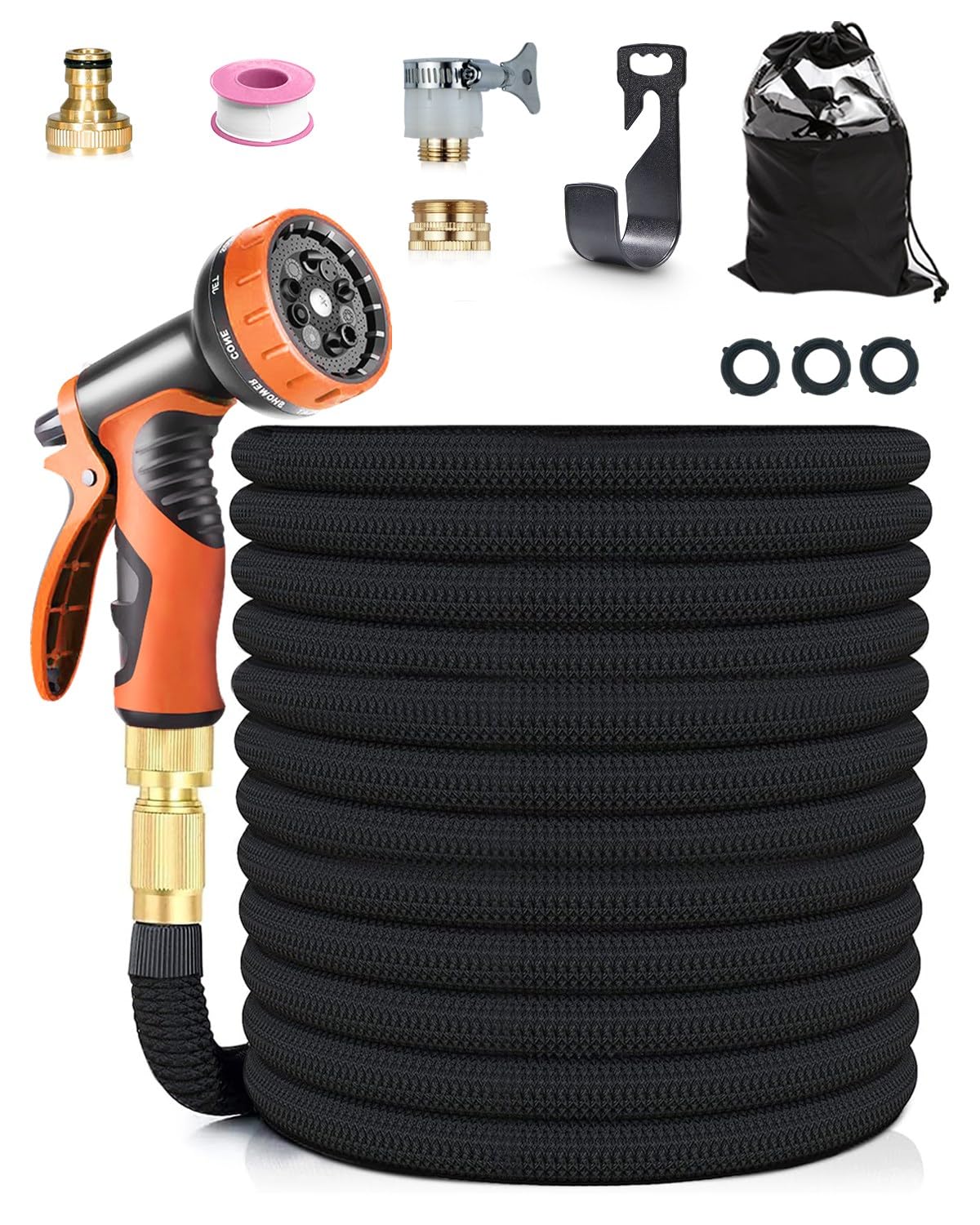 Tuyau D'arrosage Extensible, Avec Pistolet Pulvérisateur 10 Modes Et Connecteurs En Laiton Massif Vert 25 Pieds 89911096