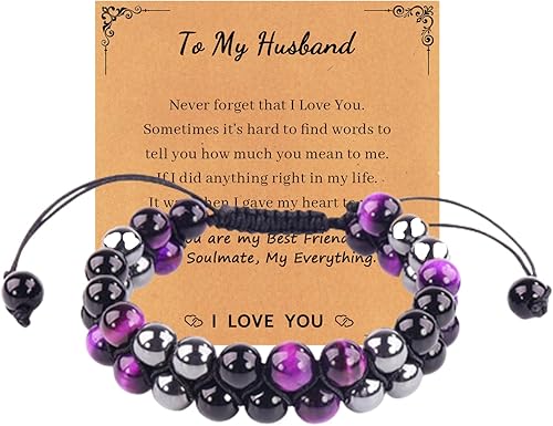 SINCSEFK Pulsera ajustable de amatista natural con texto en inglés "To My Husband To My Huse", regalo de joyería tejida a mano para mi marido, día