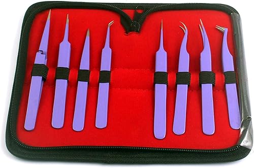 DDP Juego de 8 pinzas antiestáticas antiestáticas antiestáticas de precisión morada, pinzas de acero inoxidable para electrónica, joyería, trabajo