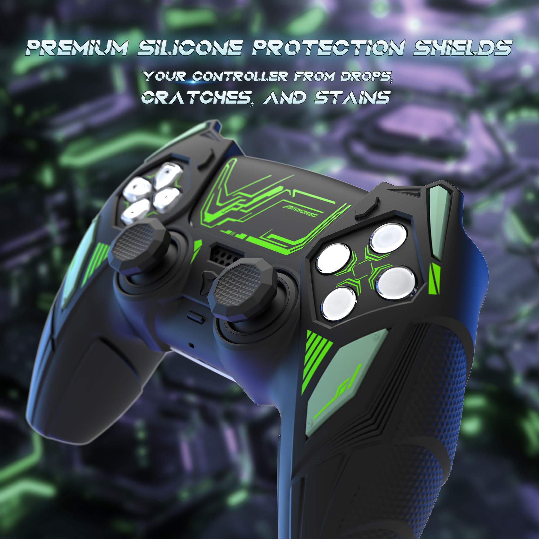 PlayVital Mecha Rhino Silikonhülle für PS5 Controller, Anti-Rutsch-Schutzhülle Case mit Thumb Grips und Aufklebern, Griffe Skin Zubehör für PS5 Wireless Controller Passend zur Ladestation-Schwarz&Grün