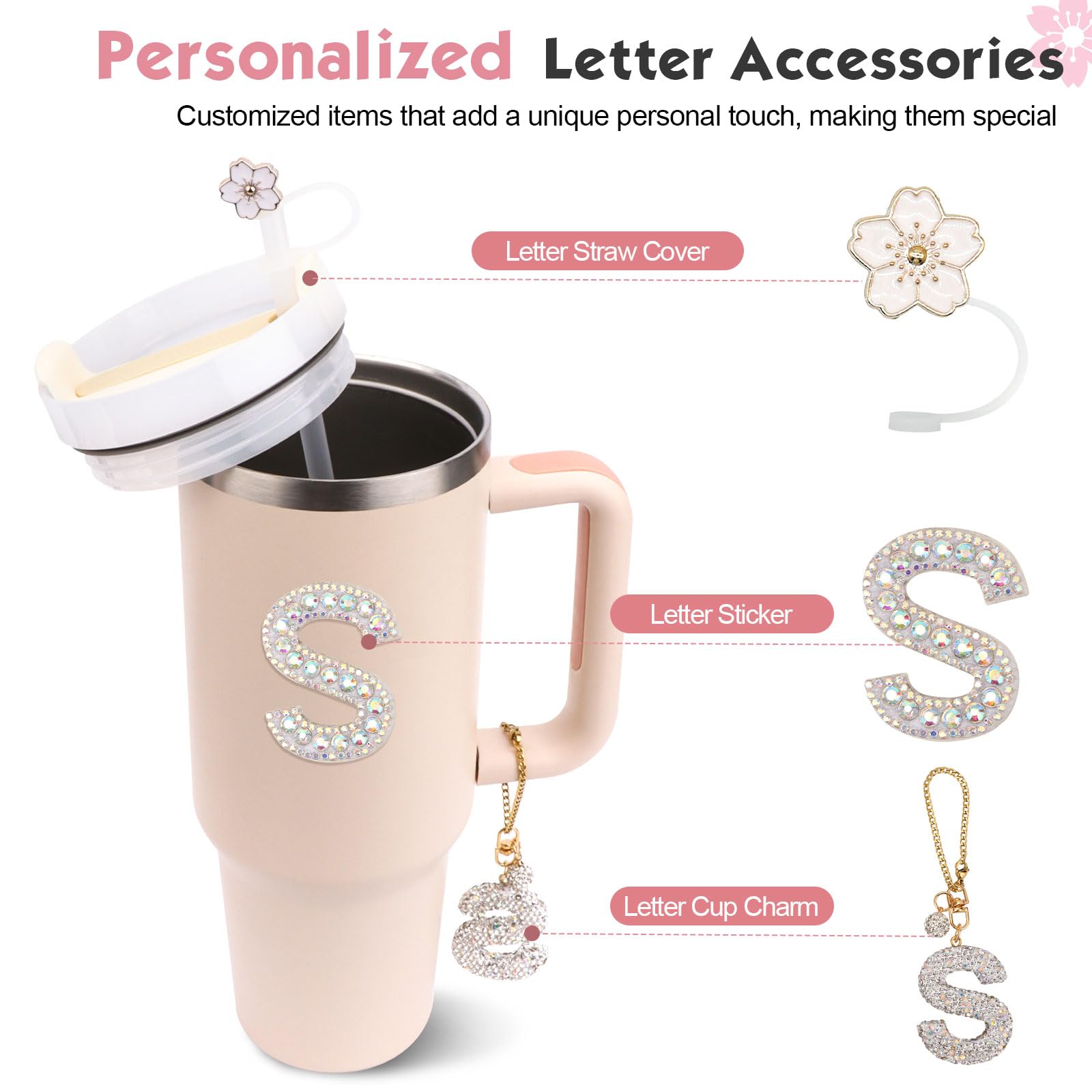 Flessenketting voor Stanley Cups, Schattige Letterbedels voor Stanley Cup met Vlinder en Kwastaccessoires Bekeraccessoires Compatibel met Stanley Cup 40oz (M