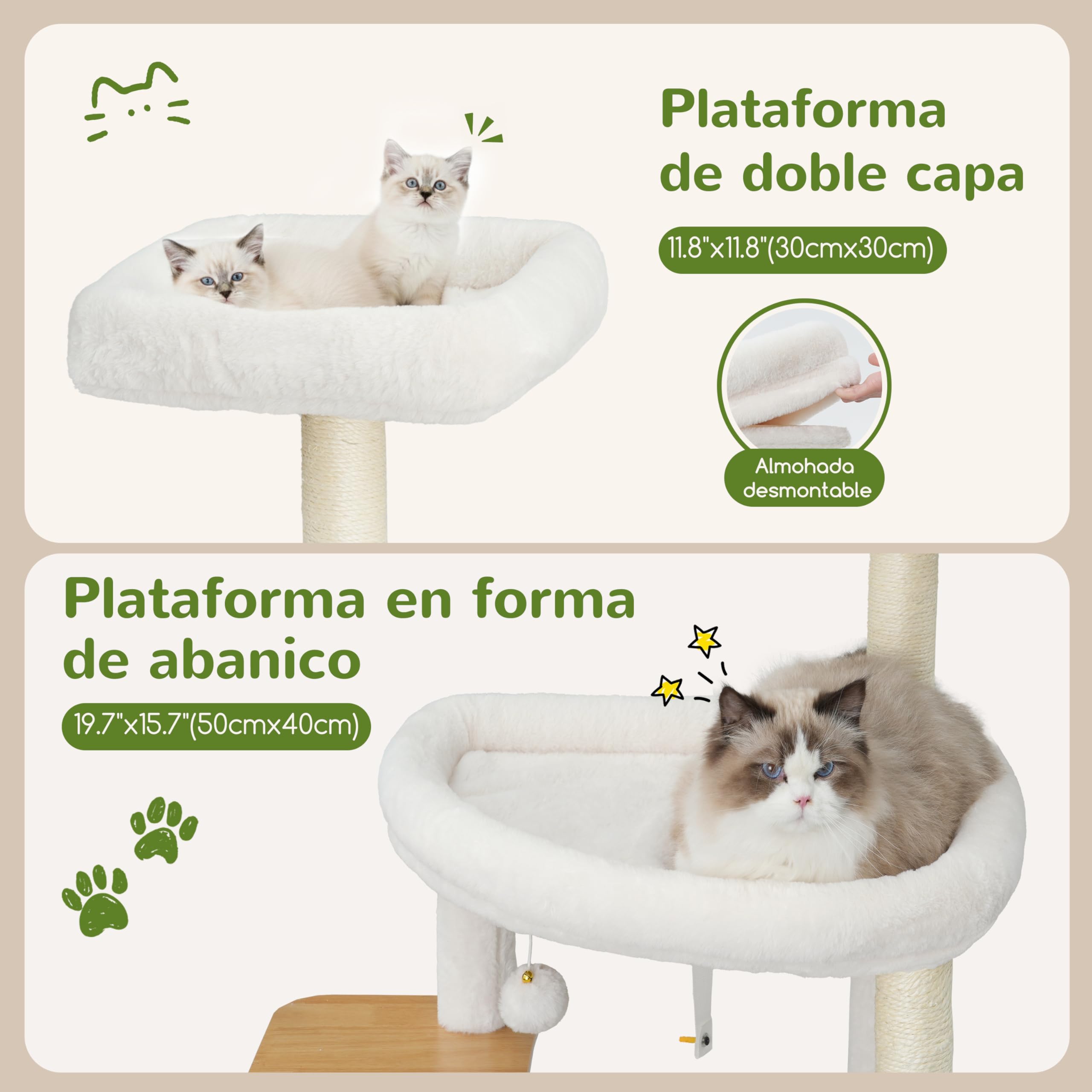 Gitelsnour rascador para Gatos, 180 cm Árbol para Gatos de Madera Grande, Mueble Moderno para Gatos con Cuevas de Madera Doble, 2 Plataformas, Hamaca y Postes rascadores, Nogal GCT102WB