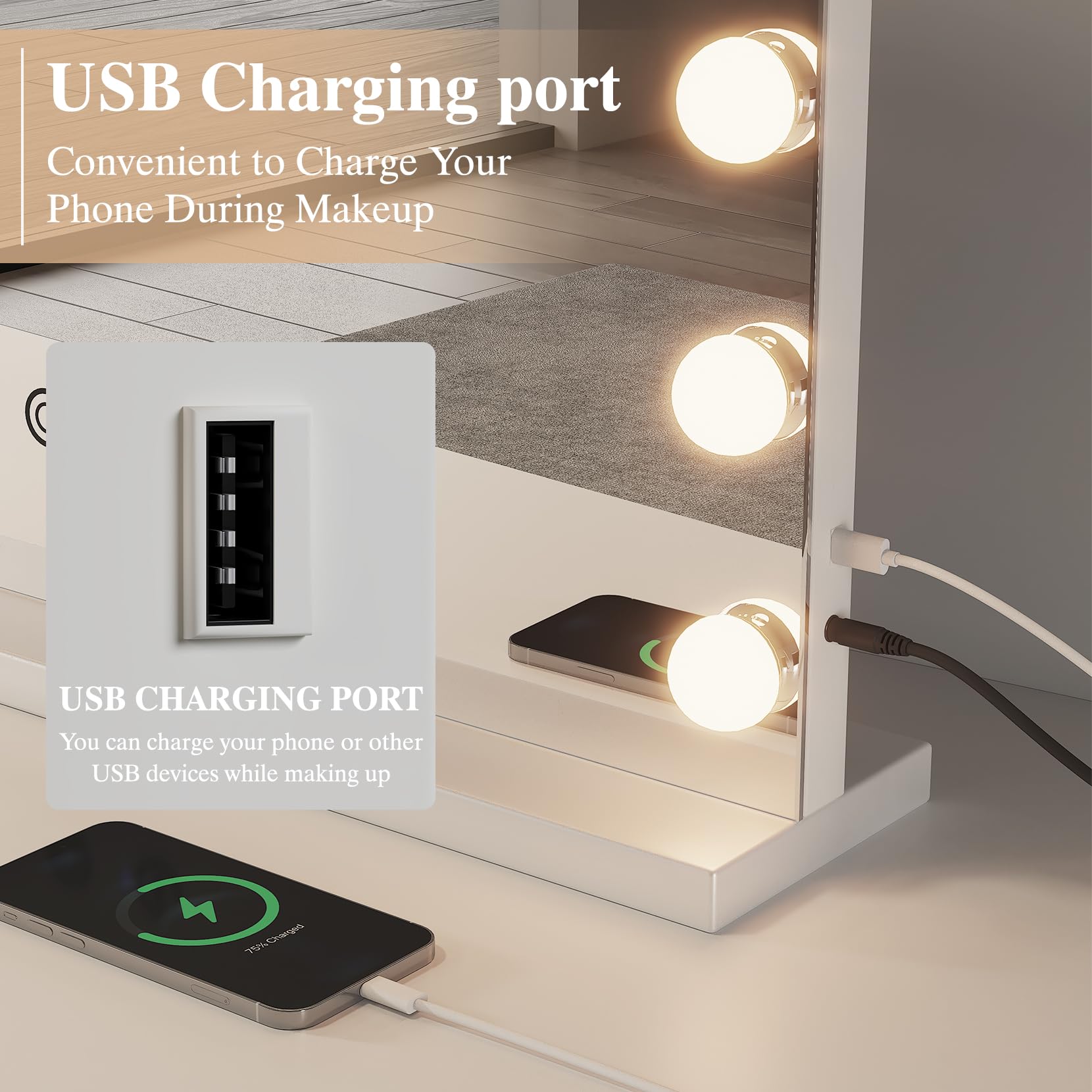 Lusterko do makijażu LED z Bluetooth, 5 ściemnianych żarówek, 3 tryby kolorów, port USB, duża toaletka do sypialni i garderoby