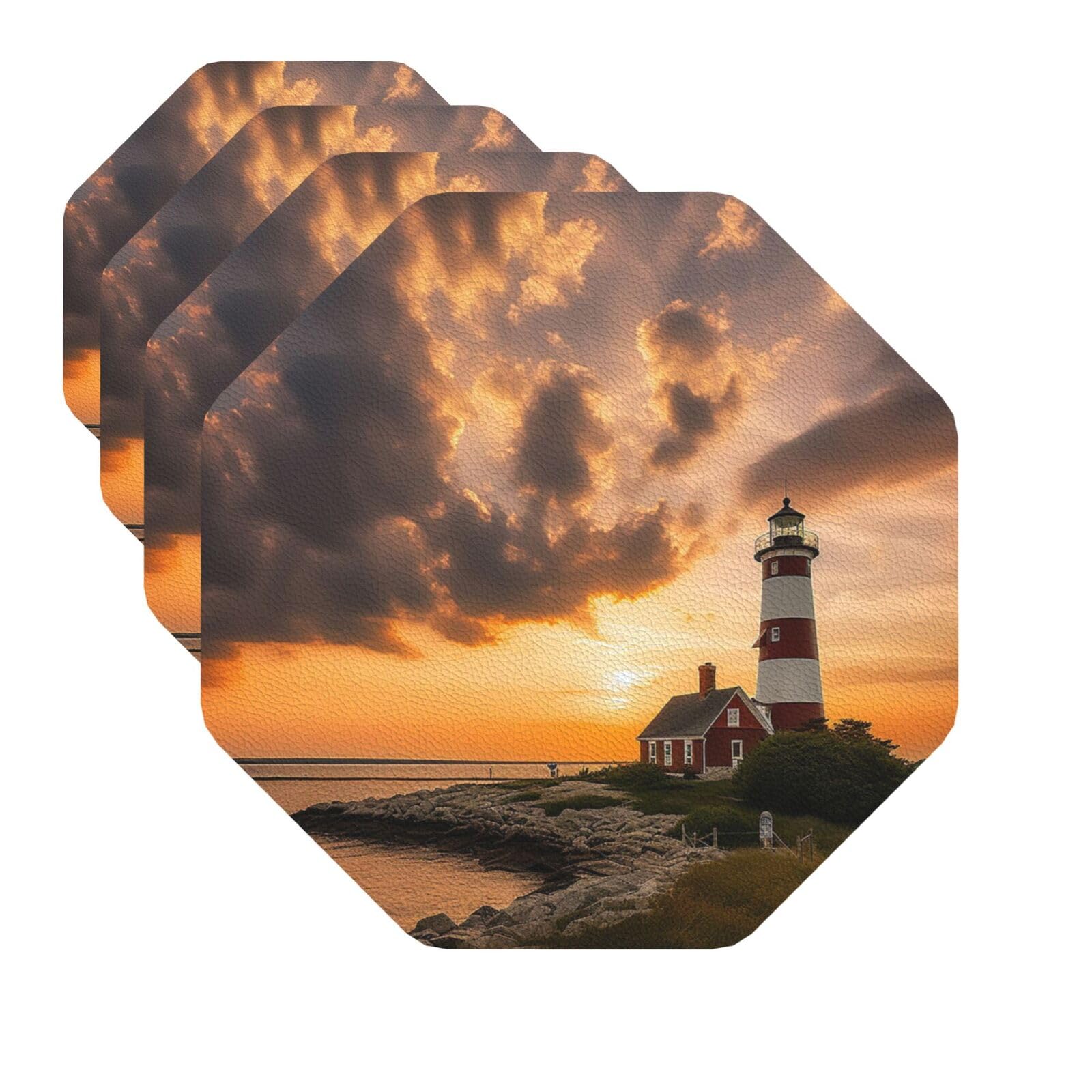 Drink Coasters Set of 4 Quick-Dry Leather Coaster Lighthouse at Sunset Coasters for Drinks Coffee Cup Mat Tabletop Protection Heat Resistant Coaster for Kitchen Bar Office Home Decor