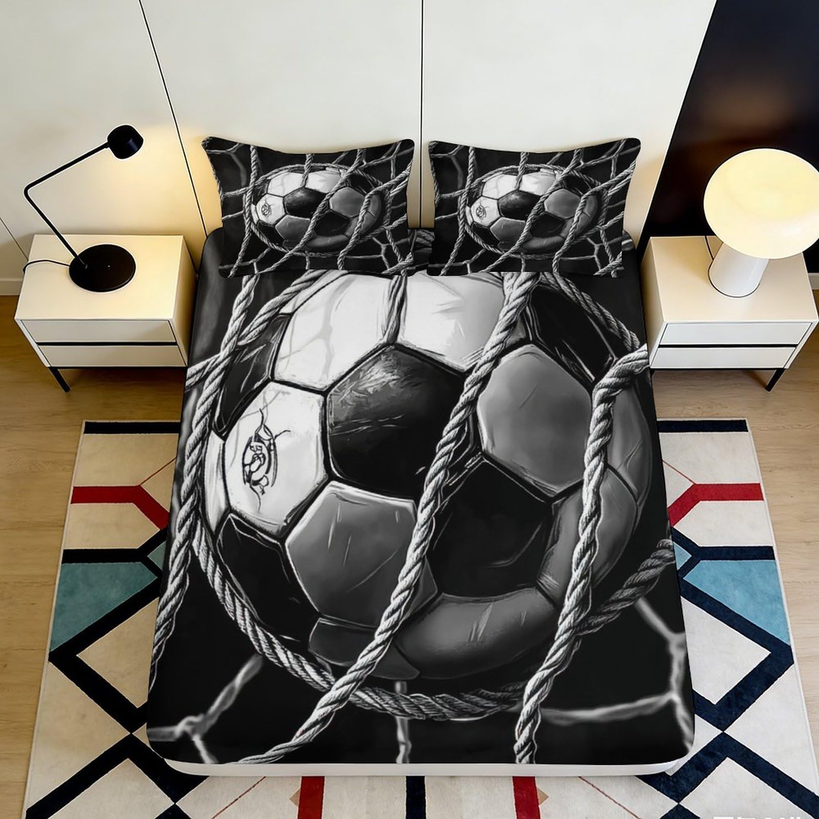 3D Printed Soccer Goal Fitted Sheet Microfiber Soft Black White Football Net Mattress Cover for Bedroom Dorm Easy Care 90x200x25cm
