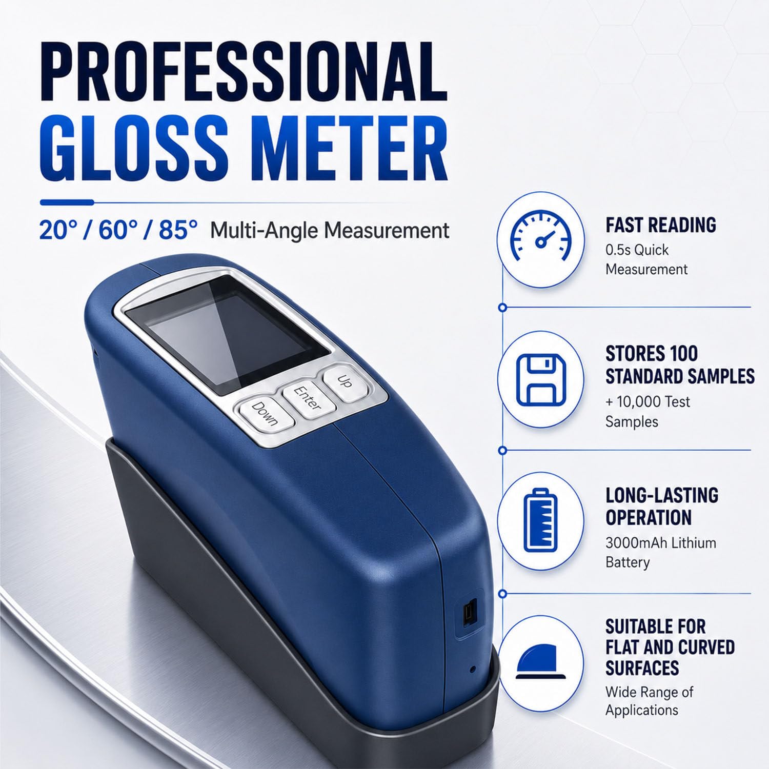 Tragbares Glanzmessgerät 0,2GU für Lack Kunststoff Metall CS-300S | Schnelle Messung 0,5s mit Speicher. PC-Software. Ideal für Oberflächenprüfung.