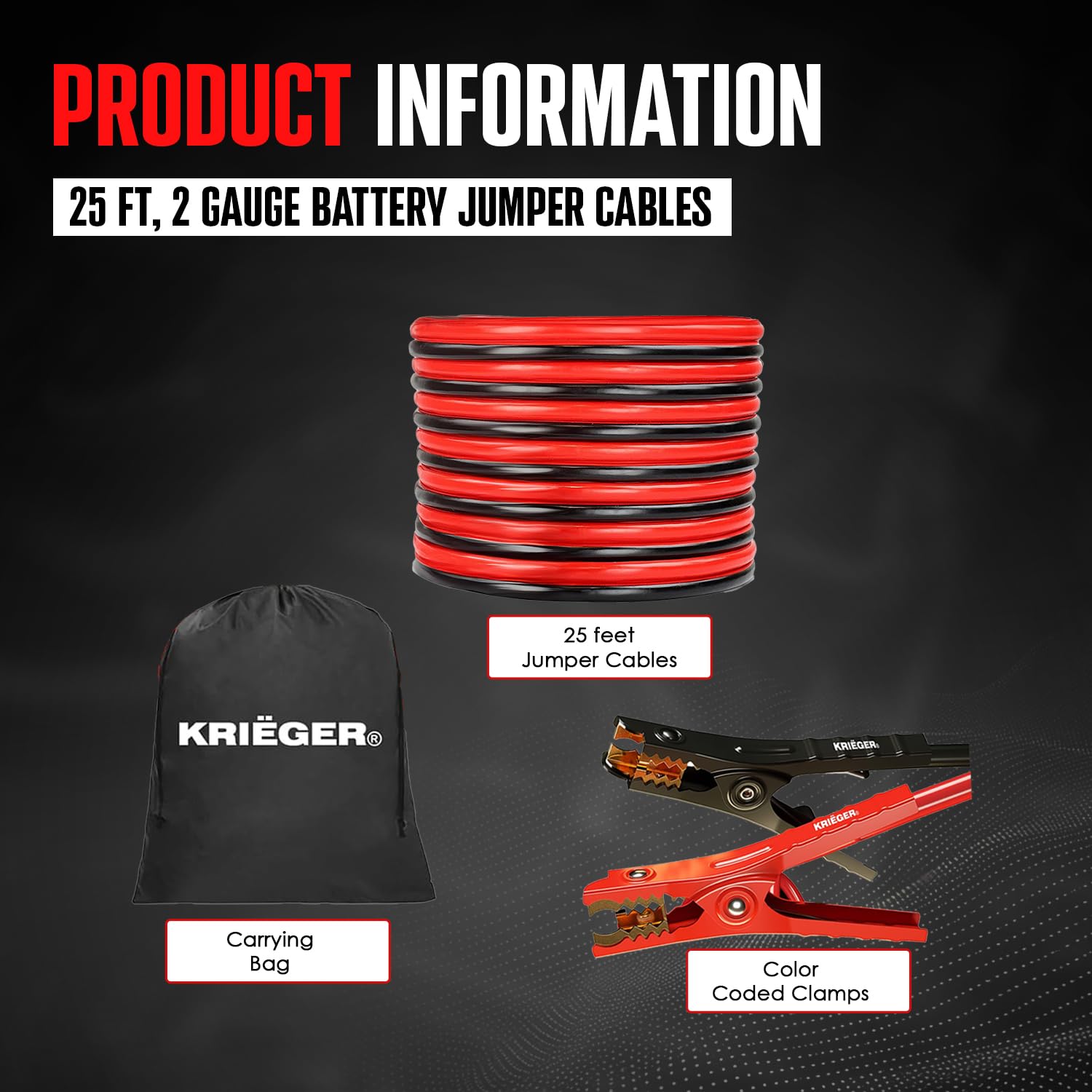 K KRIËGER - Cables de puente para batería de coche, cables de refuerzo automotrices resistentes para saltar a partir de baterías muertas o débiles con bolsa de transporte incluida (25 pies (calibre 2)