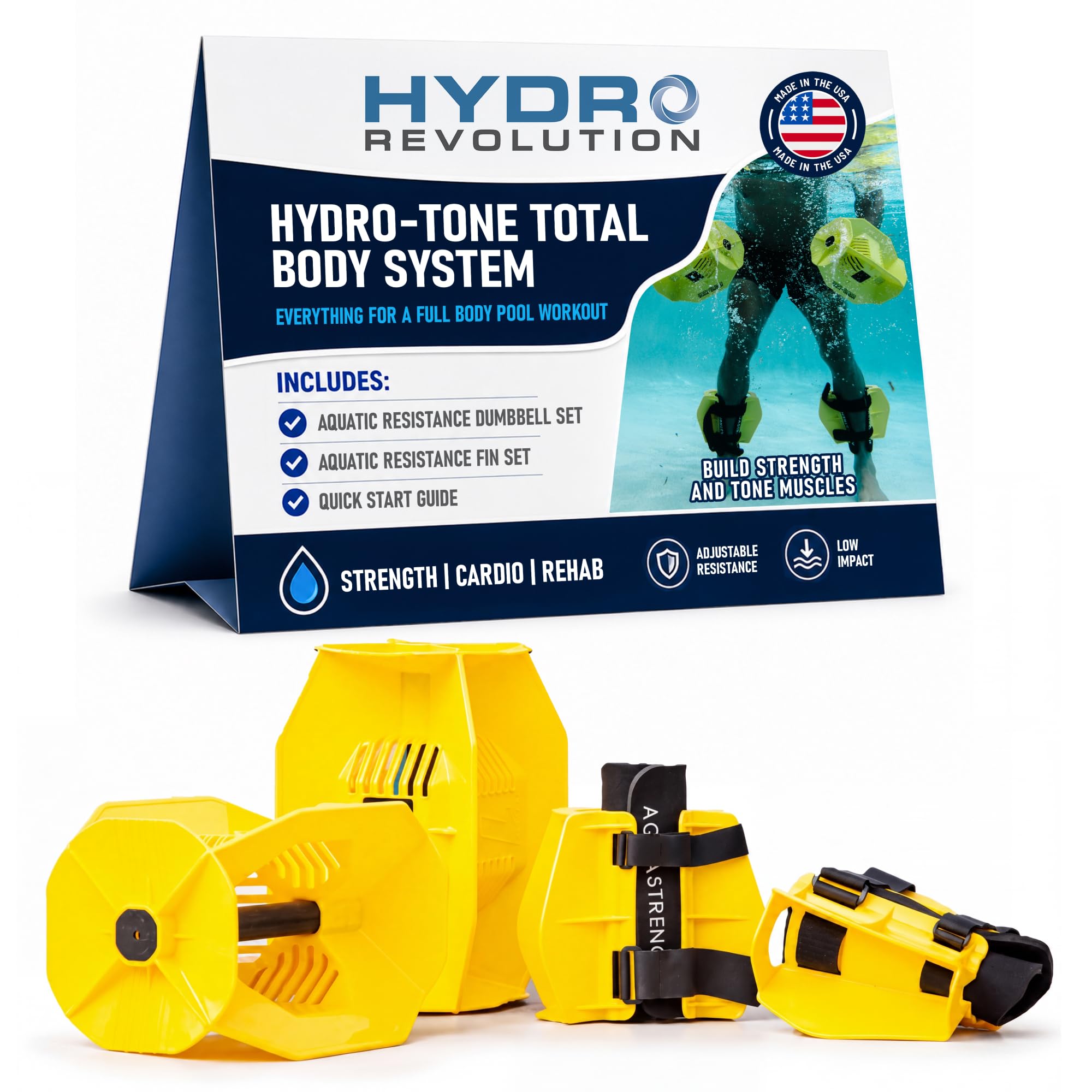 Aquastrength Hydro-Tone Total Body Pool Exercise System, Isokinetic Functional Water Weights, Bells 12" x 7.5", Fins 6.5" x 2.5", Quick Start Guide Included
