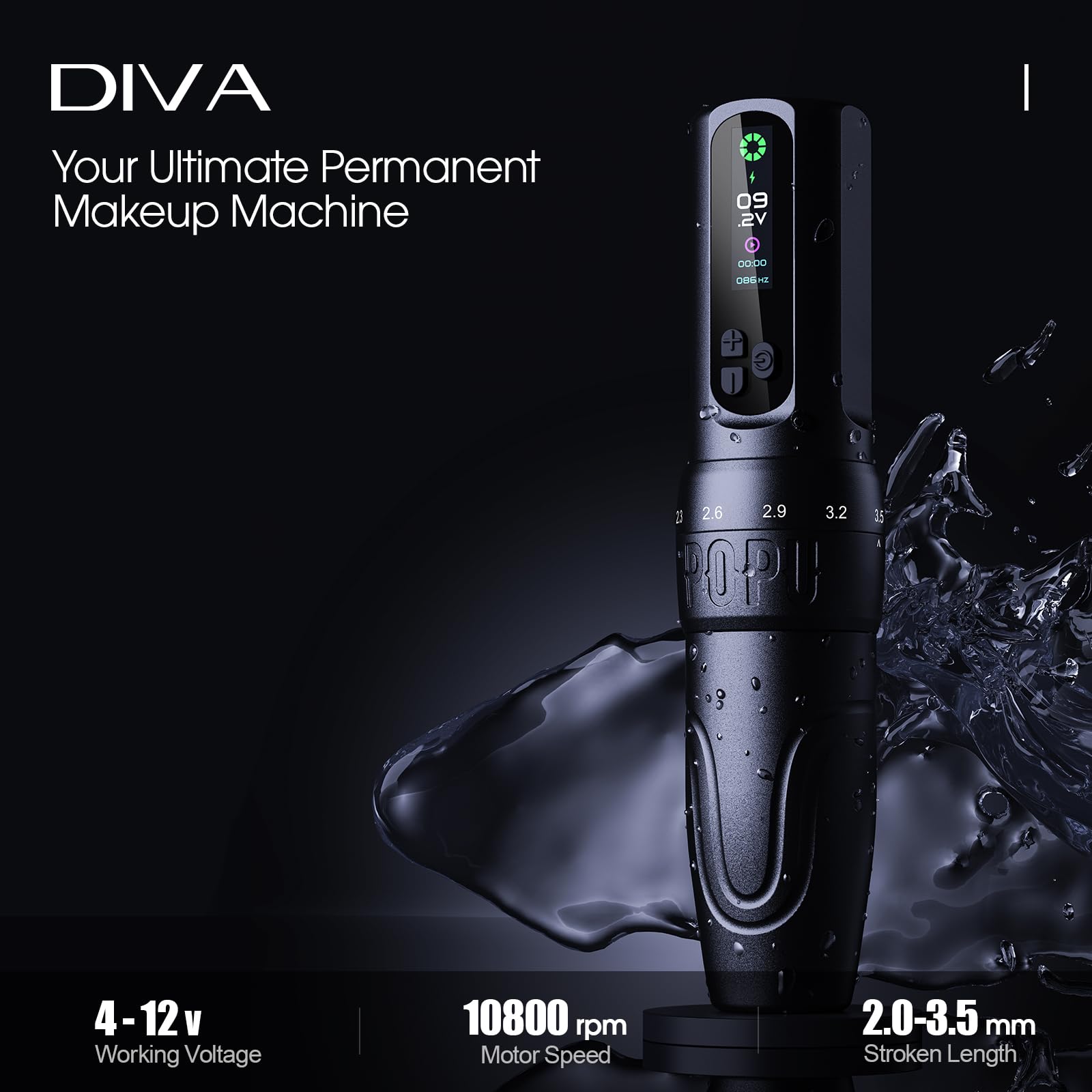 EZ Drahtlose Tattoo Maschine - 6 Anschläge 2.0mm-3.5mm Tattoo Maschine mit OLED Digitalanzeige 1600mAh Akkuleistung für Permanent Make-up SMP und Künstlerinnen (DIVA Schwarz)