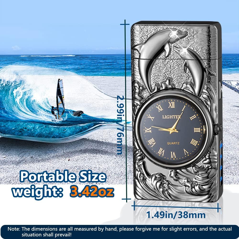 SKRFIRE Electric Rechargeable Watch Lighter for Dolphin, USB Arc lighters,Fashion Dragon Metal Lighters LED Lighting for Candles Gifts (Black Dolphin)