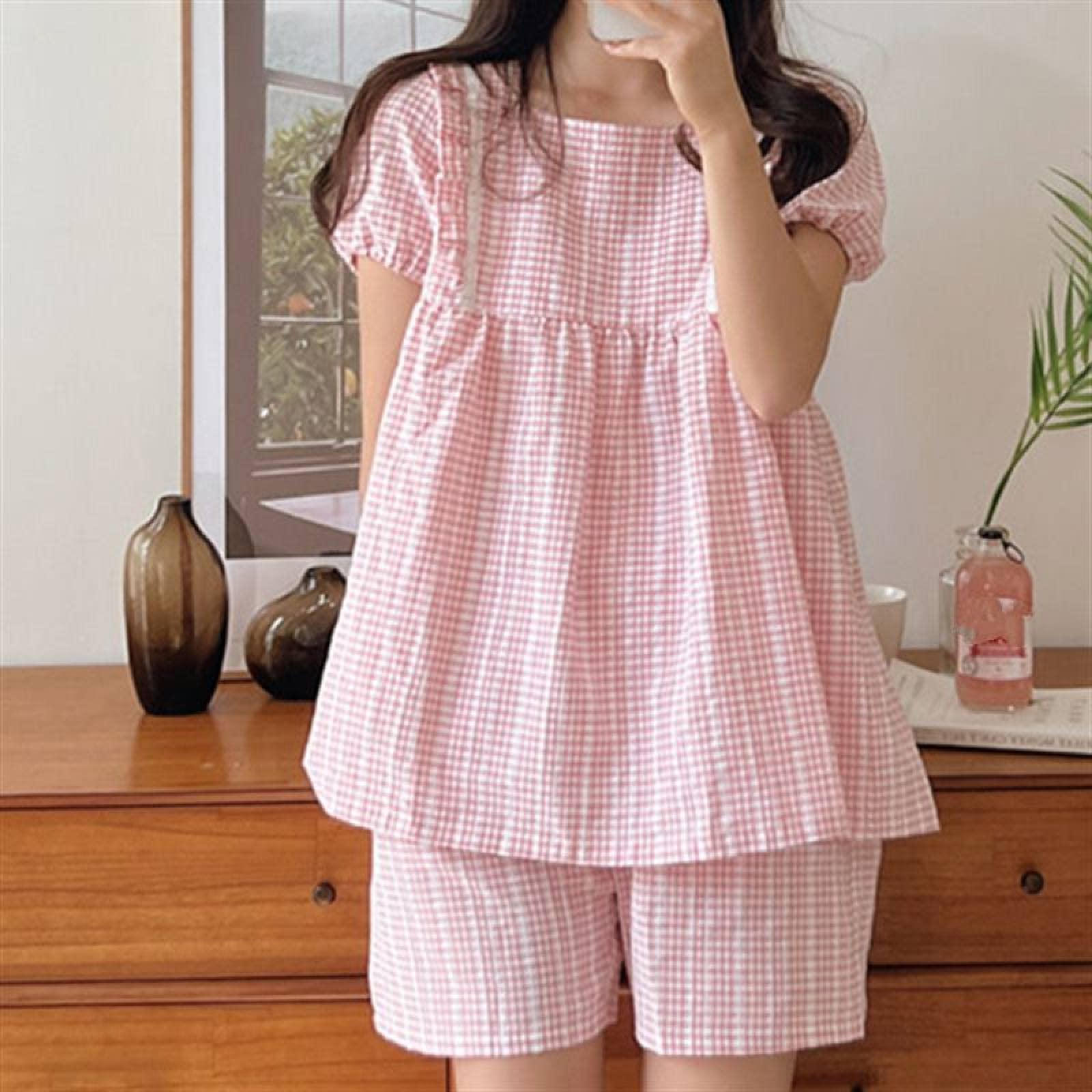 Damen-Pyjama-Sets Mit Eckigem Halsausschnitt Und Spitze, Weich, Süße Schleife, Kurze Ärmel, Karomuster, Baumwoll-Jacquard, Schöne Nachtwäsche, Schicke Damen-Homewear, Lässig, Studenten-Nachtwä