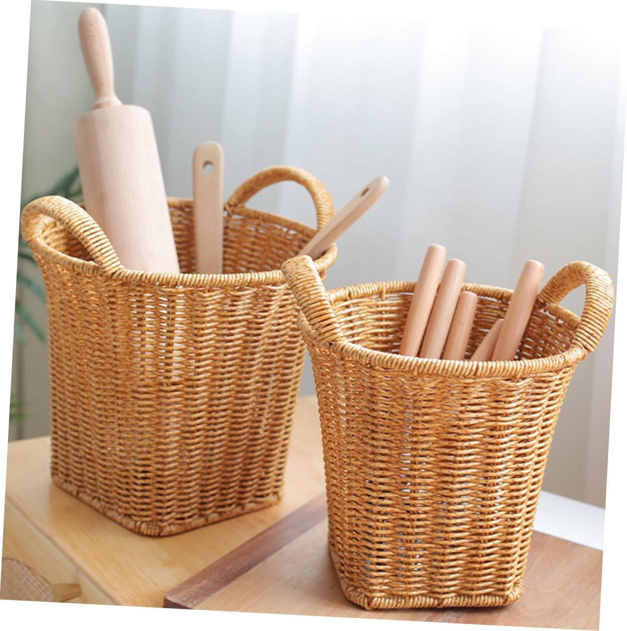 BESPORTBLE Large Imitation Rattan Woven Flower Basket with Double Handles for Decorative Storage and Organizing Fruits Vegetables and Sundries in Kitchen