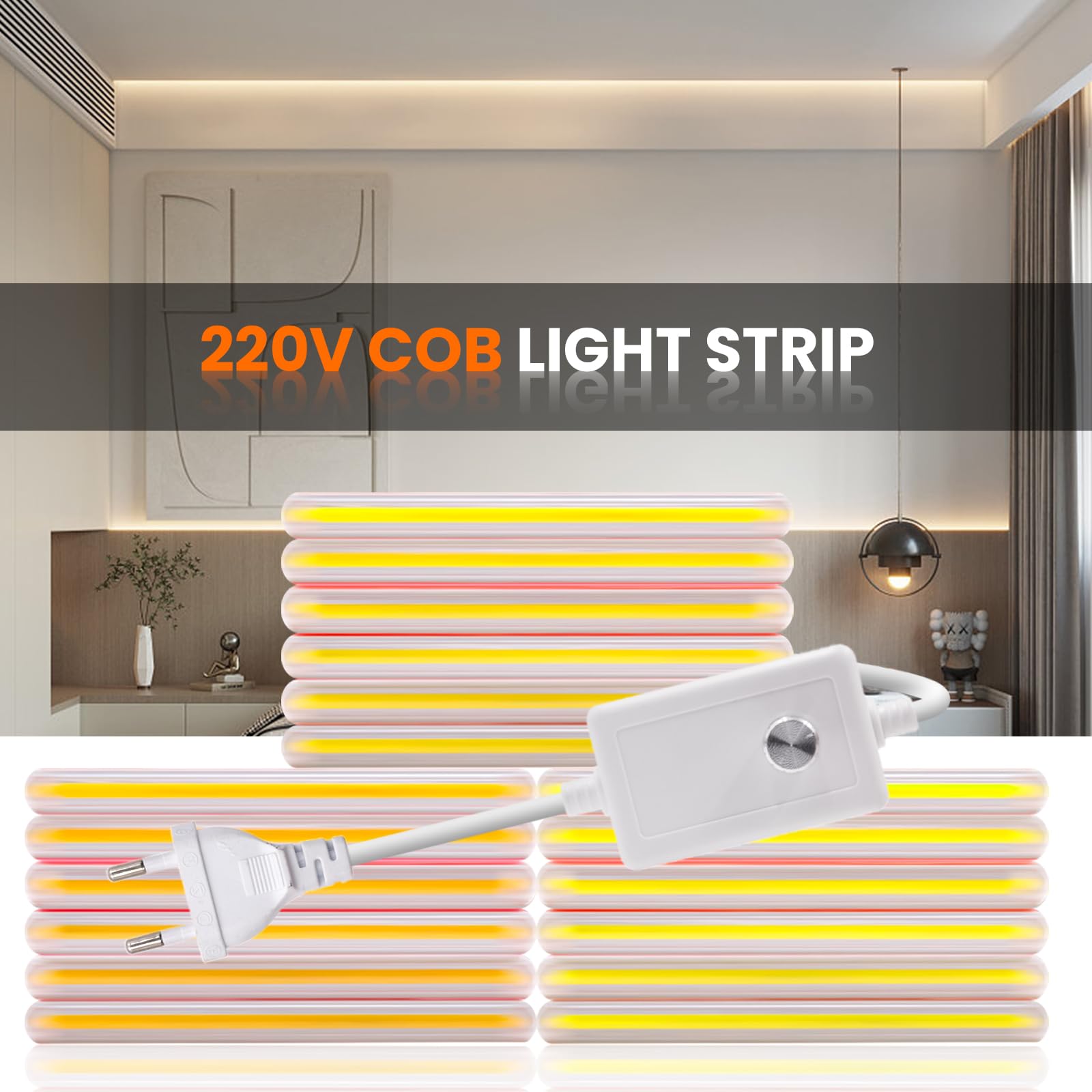 Tira LED COB regulable 220V [25m, Blanco Natural 4000-4500K],IP65 impermeable flexible,288 LEDs/m Mangueras LED FCOB cortable CRI85+,iluminación para dormitorio,cocina,sala de estar y tiendas