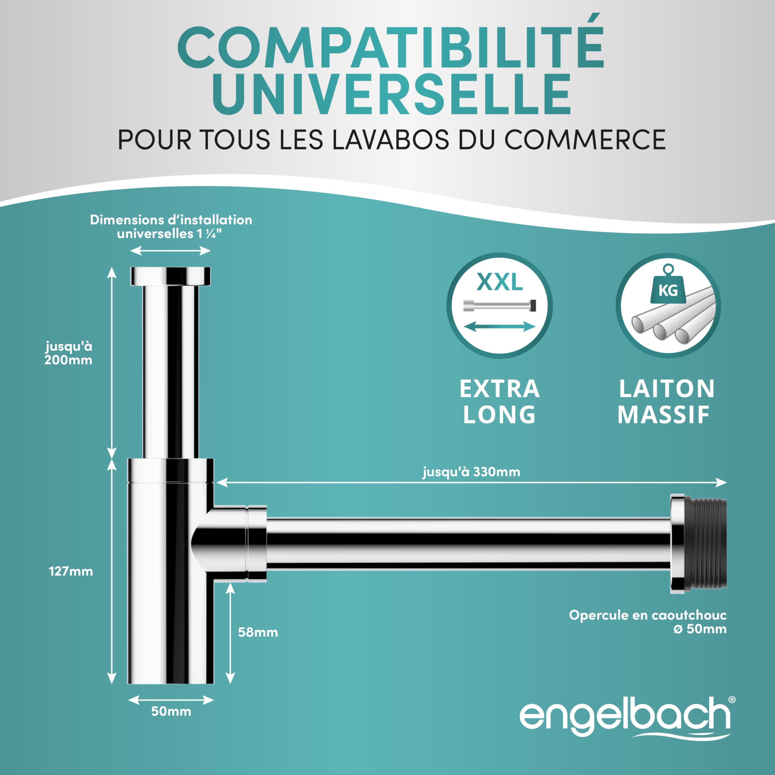 Engelbach® Siphon design lavabo salle de bain - 1 1/4 x 32 mm réglable avec ouverture de nettoyage - modèle universel avec manchette en caoutchouc anti-odeur