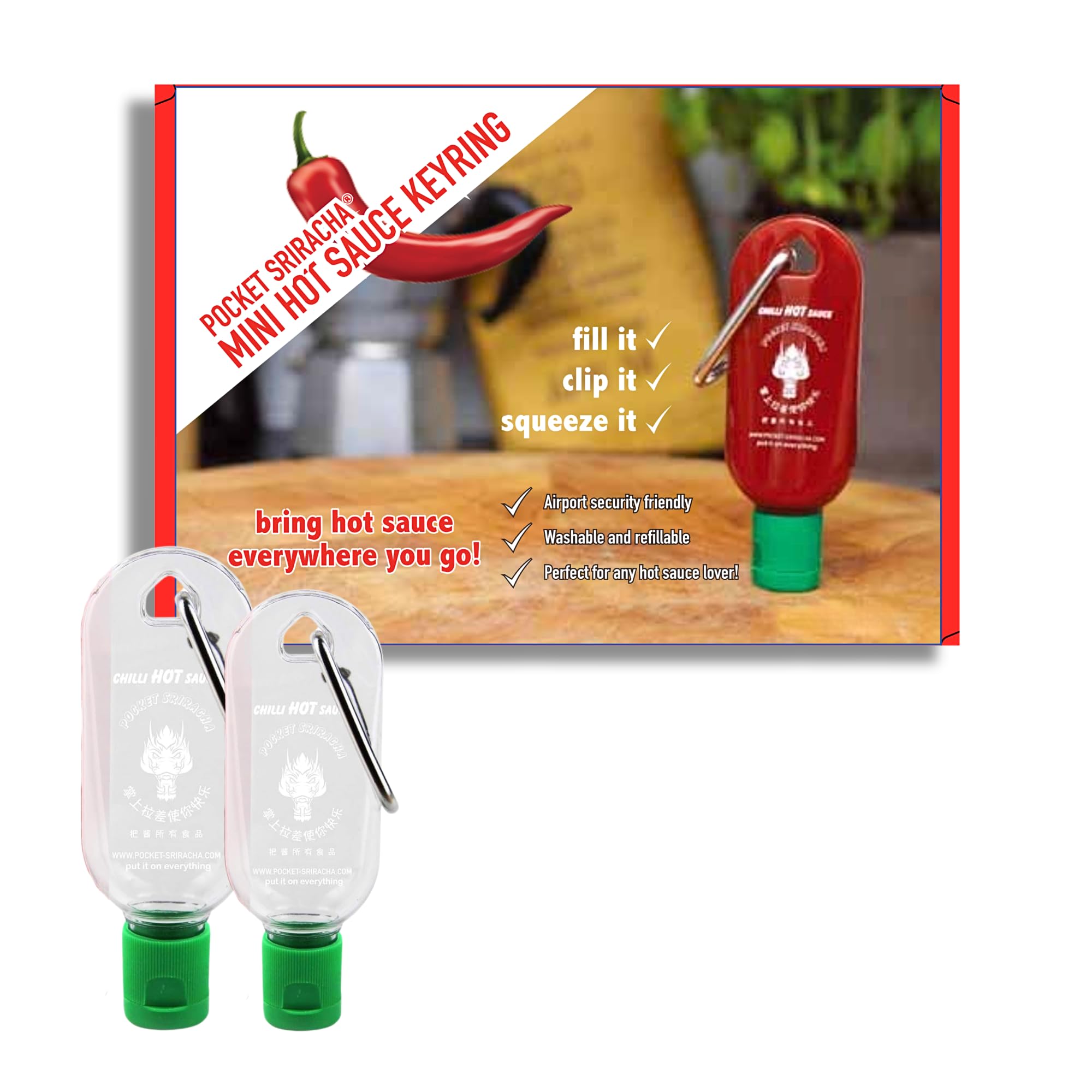 Pocket SrirachaHot Sauce Keyring Combo Pack - 30ml & 50ml Bottles - Portable, Refillable & Travel-Friendly - Perfect Chilli Sauce Gift Set - (Ships Empty)