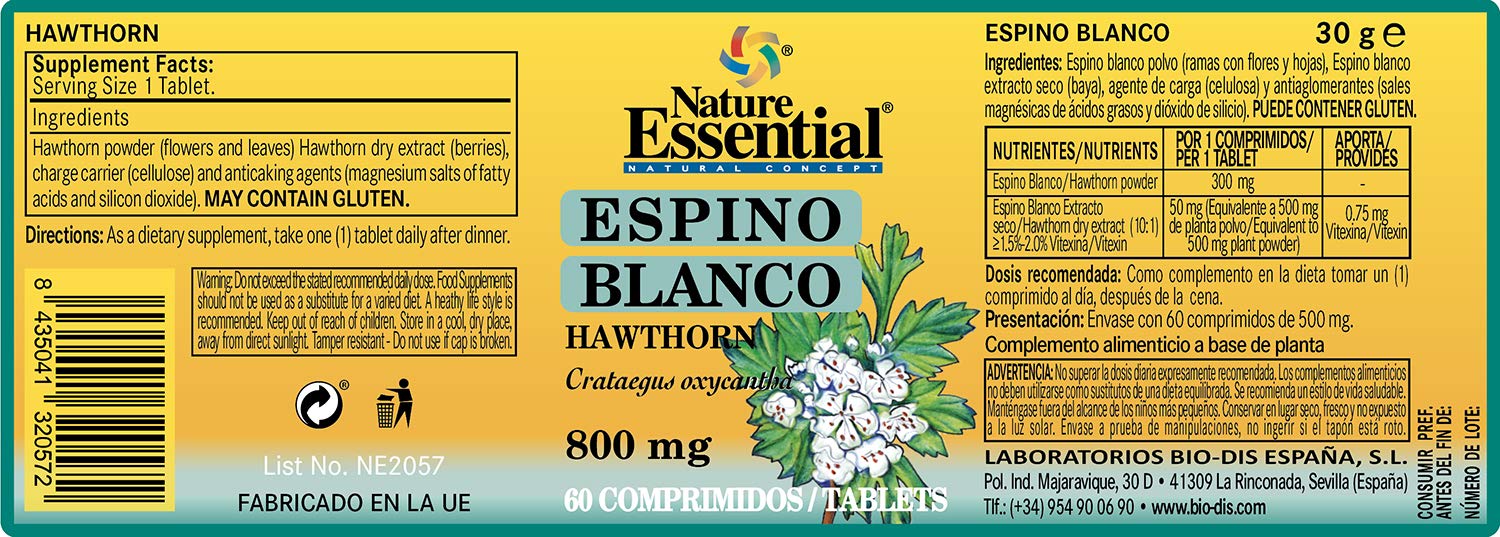 Nature Essential | Espino Blanco 500 mg | Pack 2 Unidades | 60 Cápsulas | Propiedades Relajantes | Favorece la Conciliación del Sueño | Ayuda para Dormir Mejor y para Reducir los Nervios